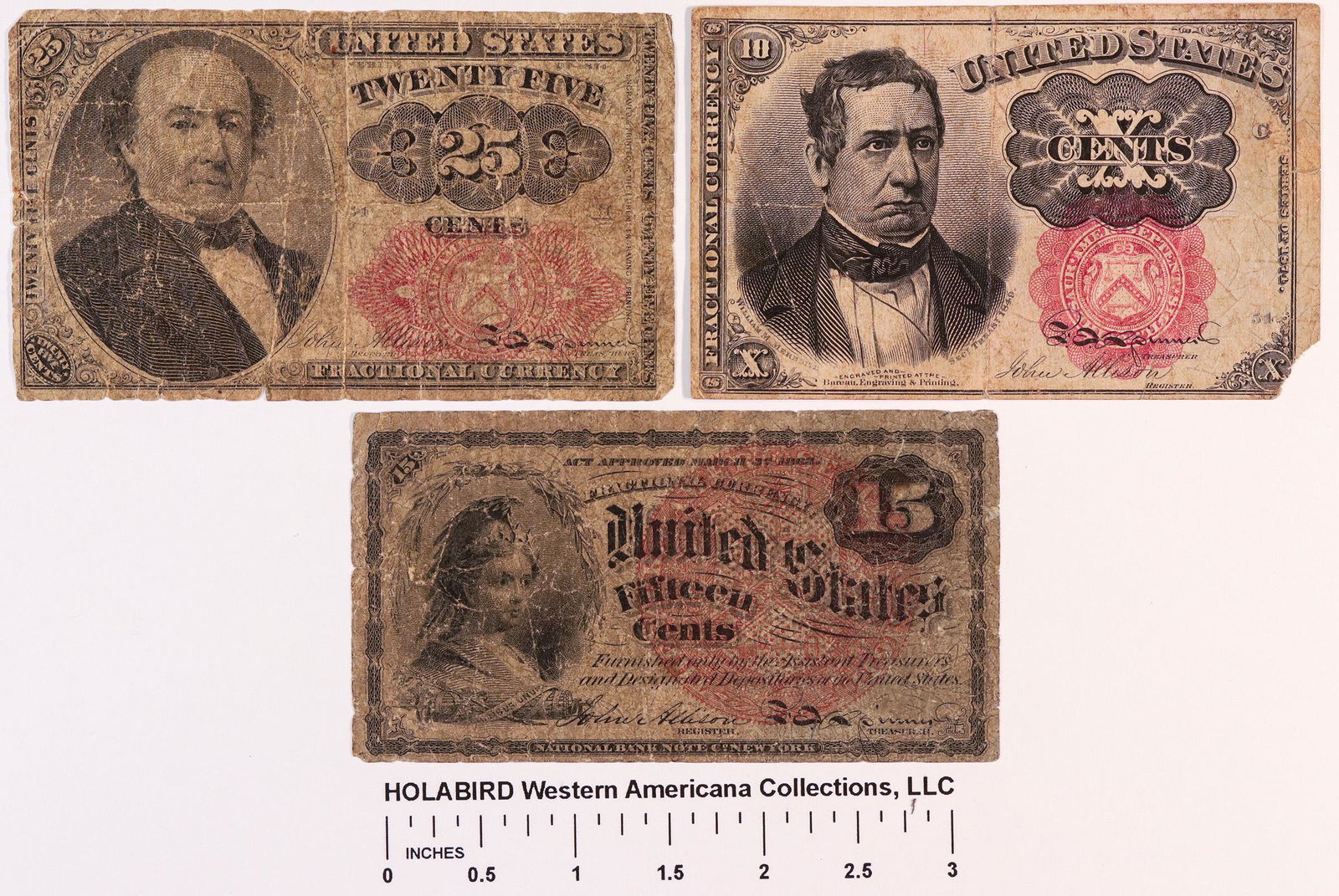 Fractional Currency (124442): Lot of three pieces of fractional currency:1) F-1271, fifteen cents, Bust of Columbia, AG-G; 2) F-1309, twenty five cents, Bust of Robert J. Walker, Secretary of the Treasury 1845-1849, AG-G; 3) F-126