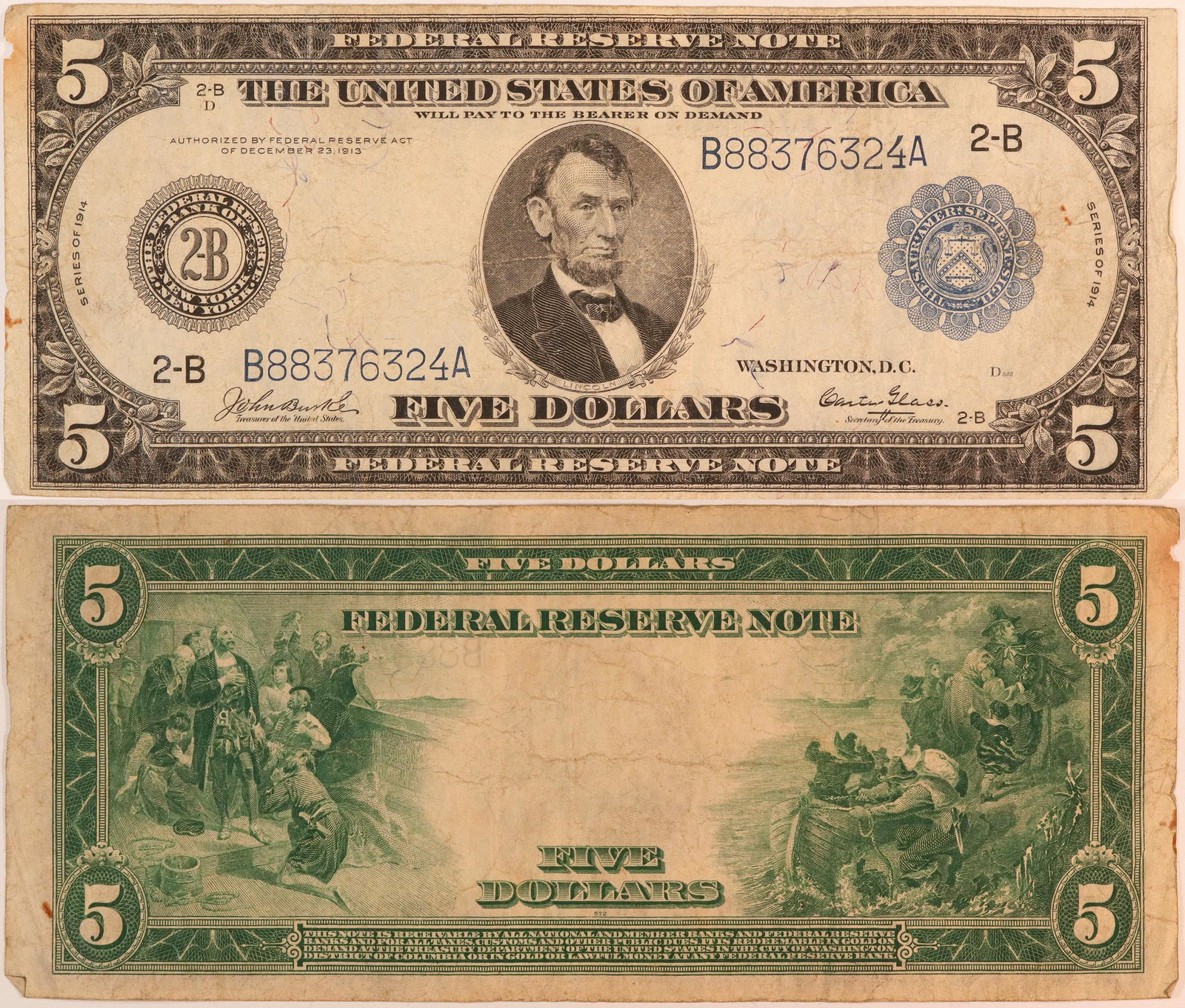 Series of 1914 U.S. $5 Federal Reserve Note (124438): The Federal Reserve Bank was created in 1913 and this was their first issue. Fr. 849, New York, Burke-Glass signatures; good condition, no pinholes. Date: Country (if not USA): State: City: Provenance