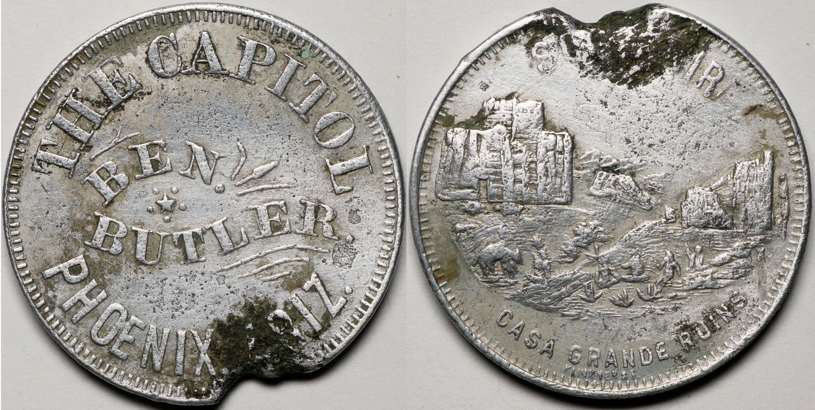 Phoenix AZ The Capitol Ben Butler GF (119304): Phoenix AZ/Ben Butler/AL/25mm Pictorial//Casa Grande//Ruins/R9 This piece appears to have a notch.Date: 1900'sCountry (if not USA): State: ArizonaCity: PhoenixProvenance: ATTENTION CHRISTMAS SHOPPERS!