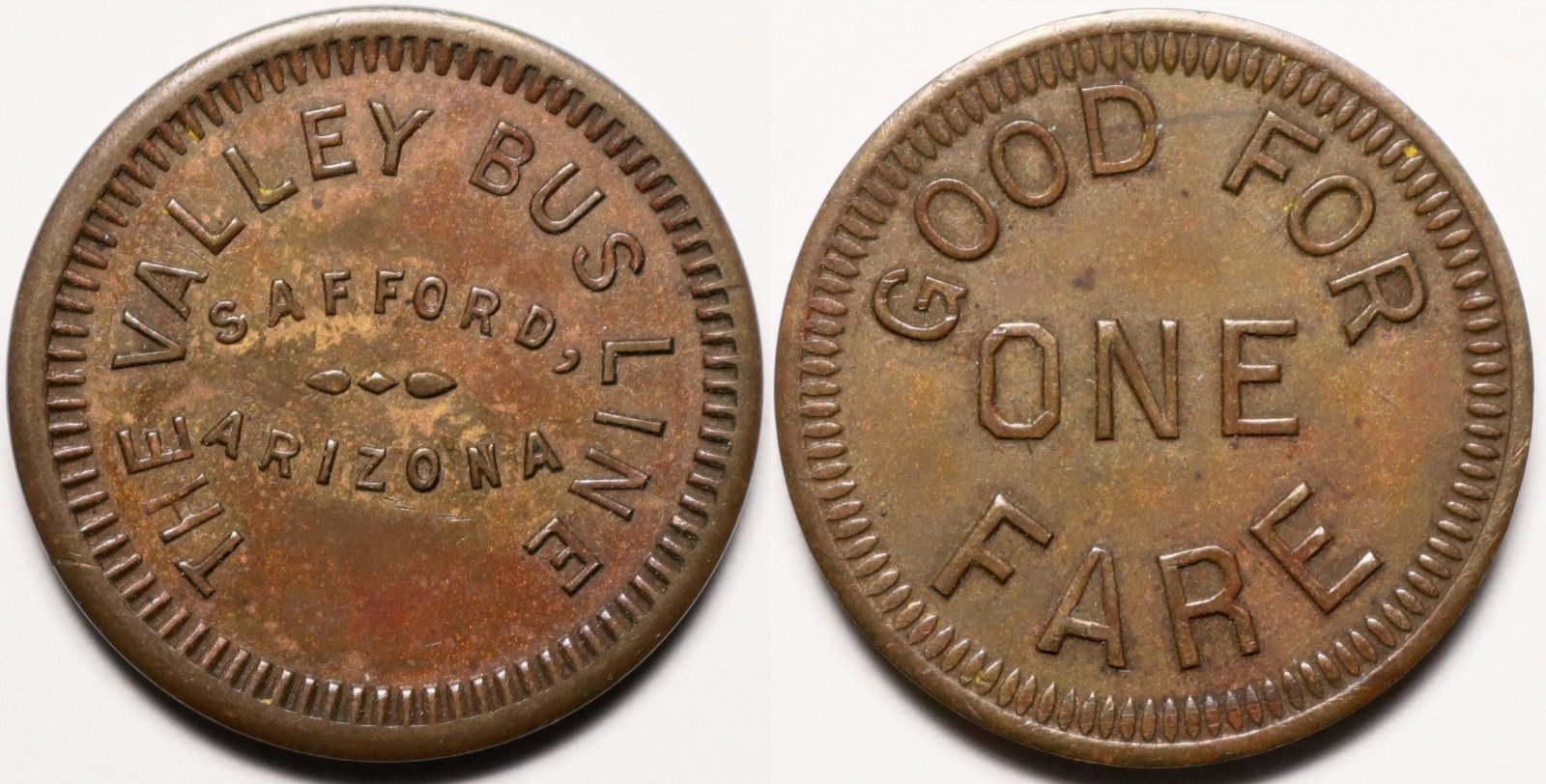 Rare Transporation token - The Valley Bus Line: Circa 1930's rare transportation token: "The Valley Bus Line" Safford, Arizona/ Round/ 7mm/ Br/ Reverse: "Good for one fare" r-7Date: 1930'sCountry (if not USA): State: ArizonaCity: SaffordProvenance: