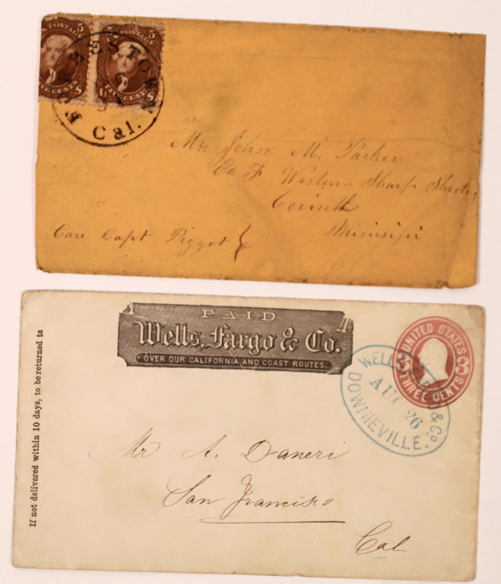 Two Sierra County Covers: Downieville and Forbestown: 1) Downieville Wells Fargo stamped envelope. 1860/61 issue of Washington 3c red. Addressed to A. Davies of San Francisco. 2) Forbestown post office mail. BUT-1640. Issued 1857-1864. R-4. Sent to Mr. J