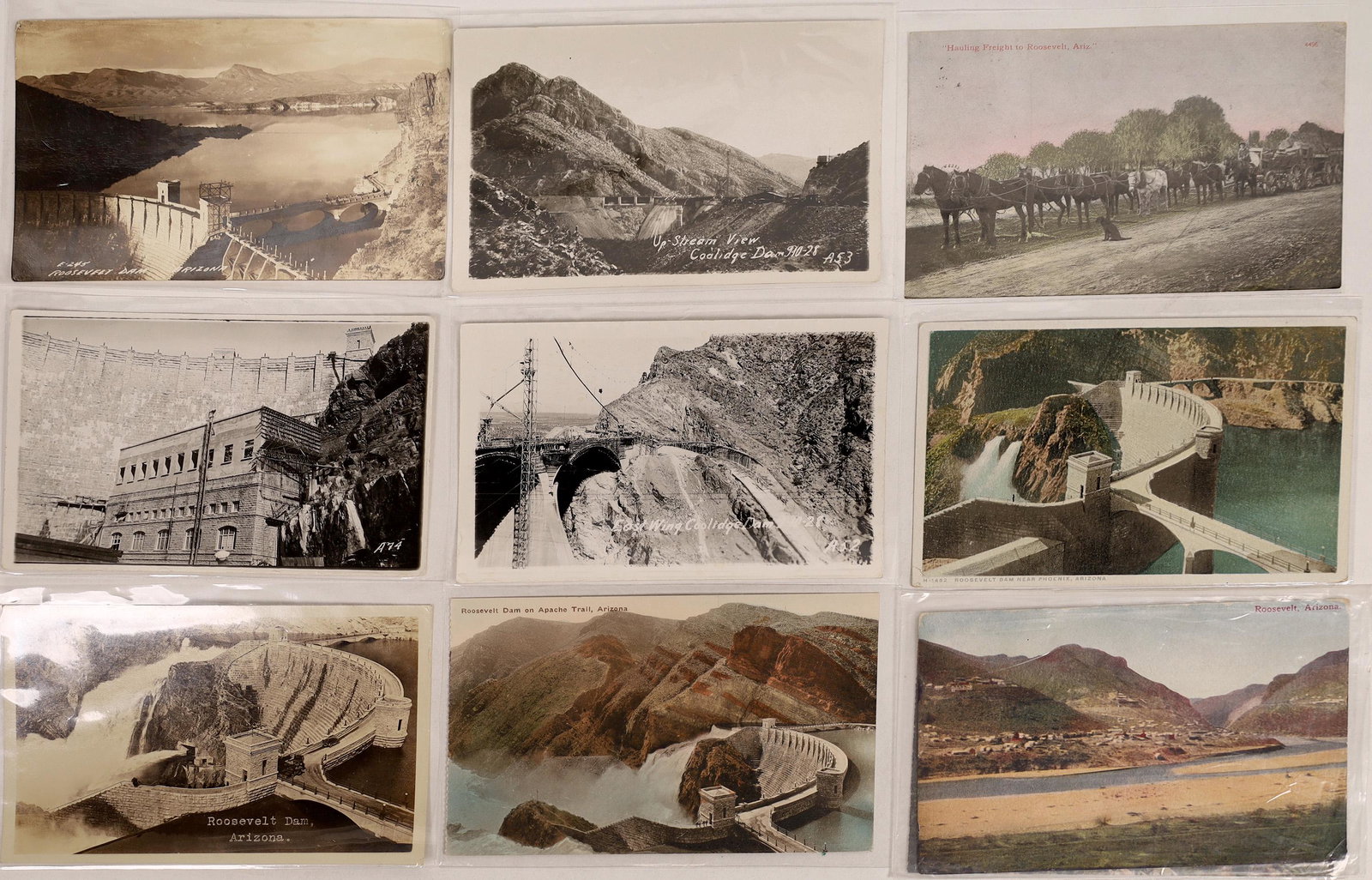 Arizona Dams Postcard Collection (126626): This collection of about 5 real photo postcards and 5 hand-colored photo cards show some of the dams of Arizona. This collection features the Coolidge Dam on the Gila River and the Roosevelt Dam on th