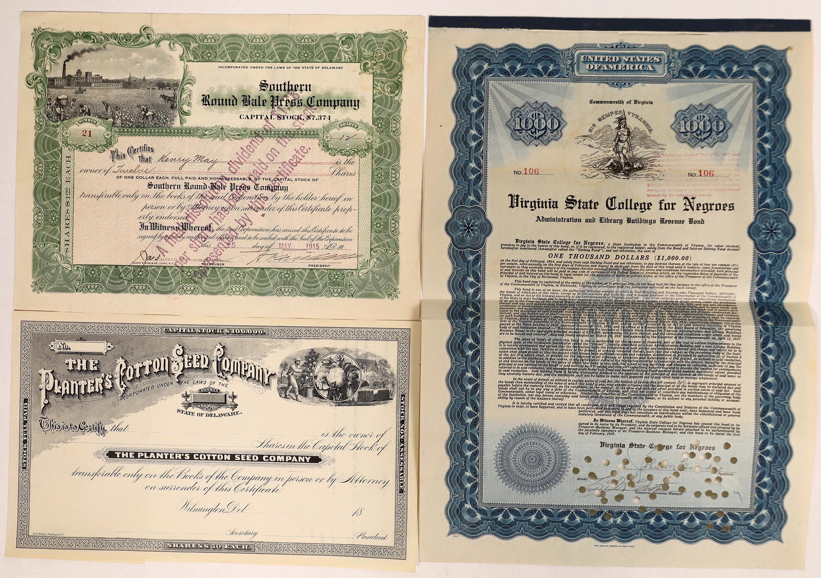 Black History - Black Themed Vignette Stock Certs: Three pieces of this genre. 1. Virginia State College for Negroes, bond, 1937, i/c; 2. Southern Round Bale Press Co stock, 1915, i/c, vignette of cotton field, pickers and factory; 3. Platation Cotton