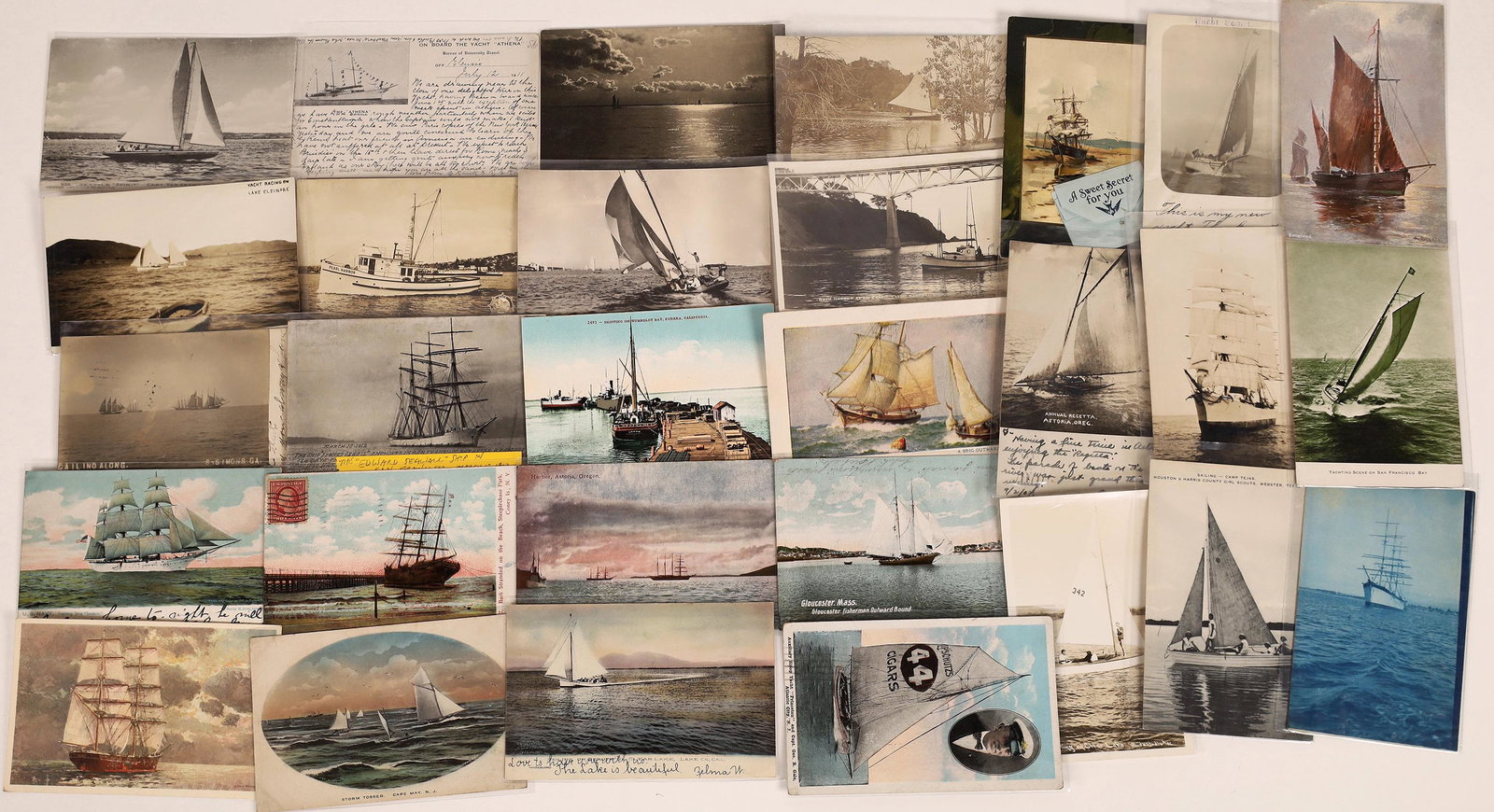 Sailboats, Schooners, and Tall Ships Postcards ~ 29: Sailing ships of all sizes from small sailboats to triple-masted tall ships. There are 14 color including chromoliths and 15 B&W with some RPCs. Come, sail away and see the world.Date: Country (if not