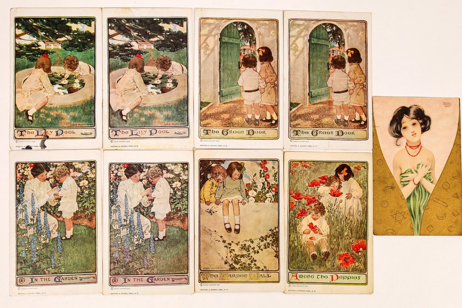 Group of Jessie Willcox Smith Art Cards (8) (118669): Eight art cards by Smith. Copyright Charles Scribner's Sons. Reinthal & Newman publisher, N.Y. Color cards show different scenes of little girls playing. Three of the cards have duplicates, "The Lily 