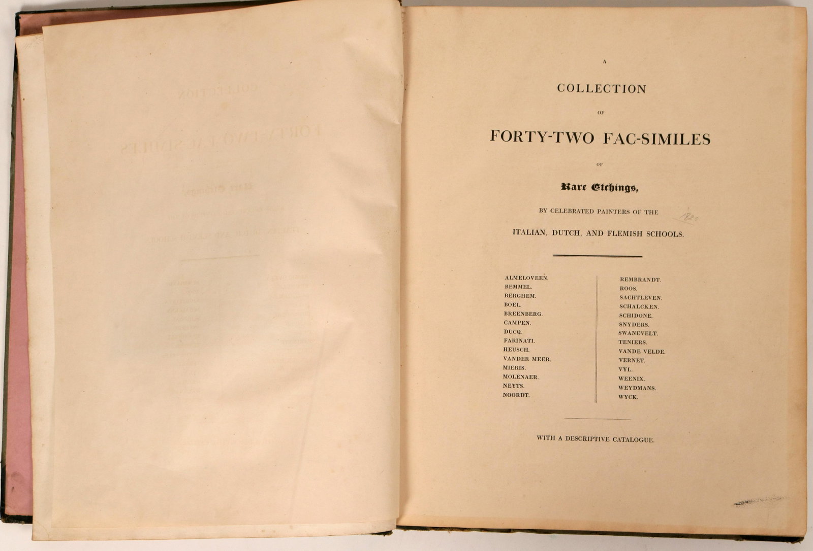 Facsimile Etchings Including Rembrandt (42) (121133): A book of rare etching block prints. These are rare pieces by Campen, Boel, Vander Meer, Wyk and Rembrandt. All the artists represented are from the Italian, Dutch and Flemish Schools. The book measur