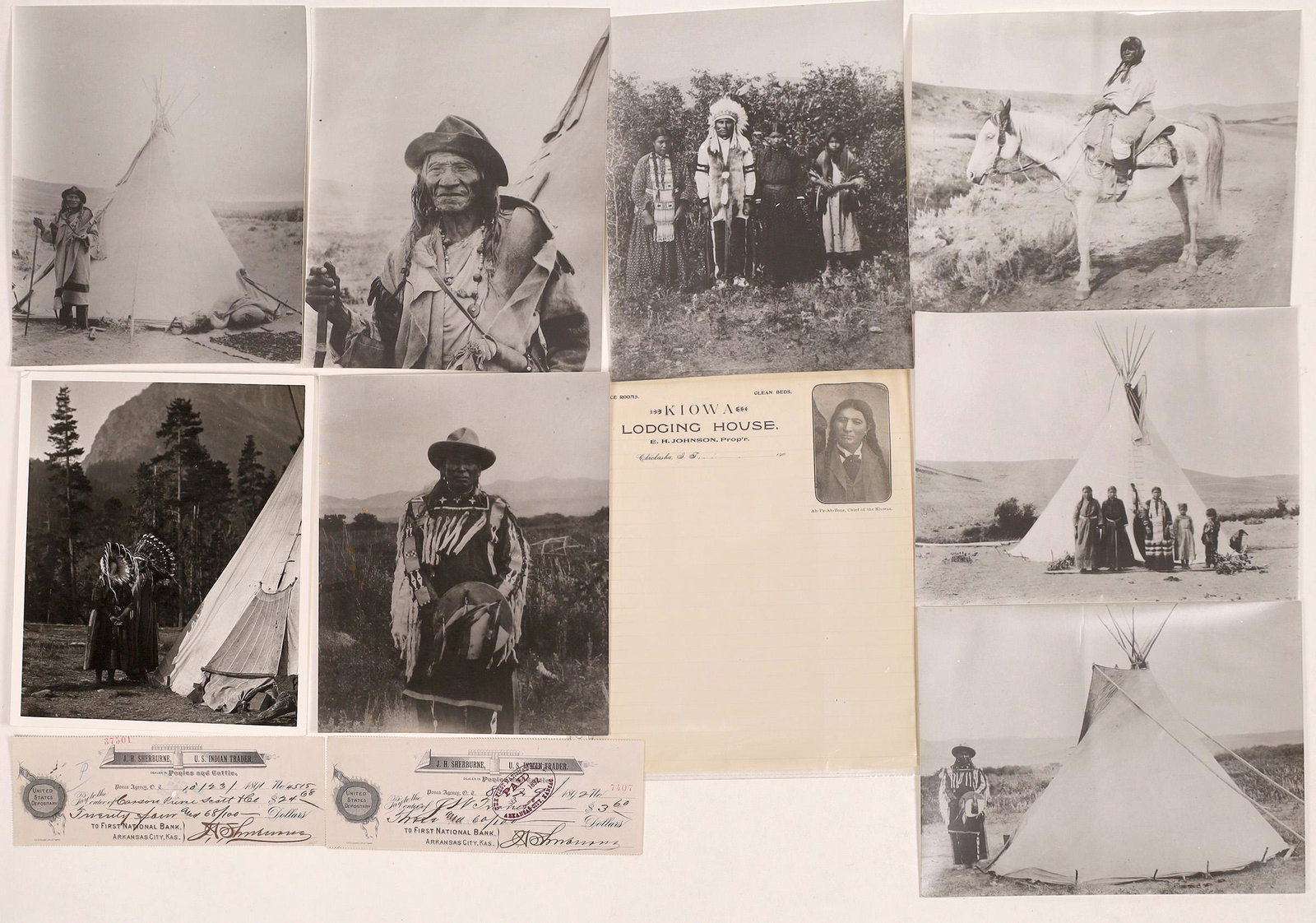 Native American Photographs and Ephemera (124424): Lot of eight black and white 8 x 10 photographs of Native Americans; a letterhead from the Kiowa Lodging House with photo of Ah-Pe-Ah-Tone, Chief of the Kiowas; two checks from J. H. Sherburne, U.S. I