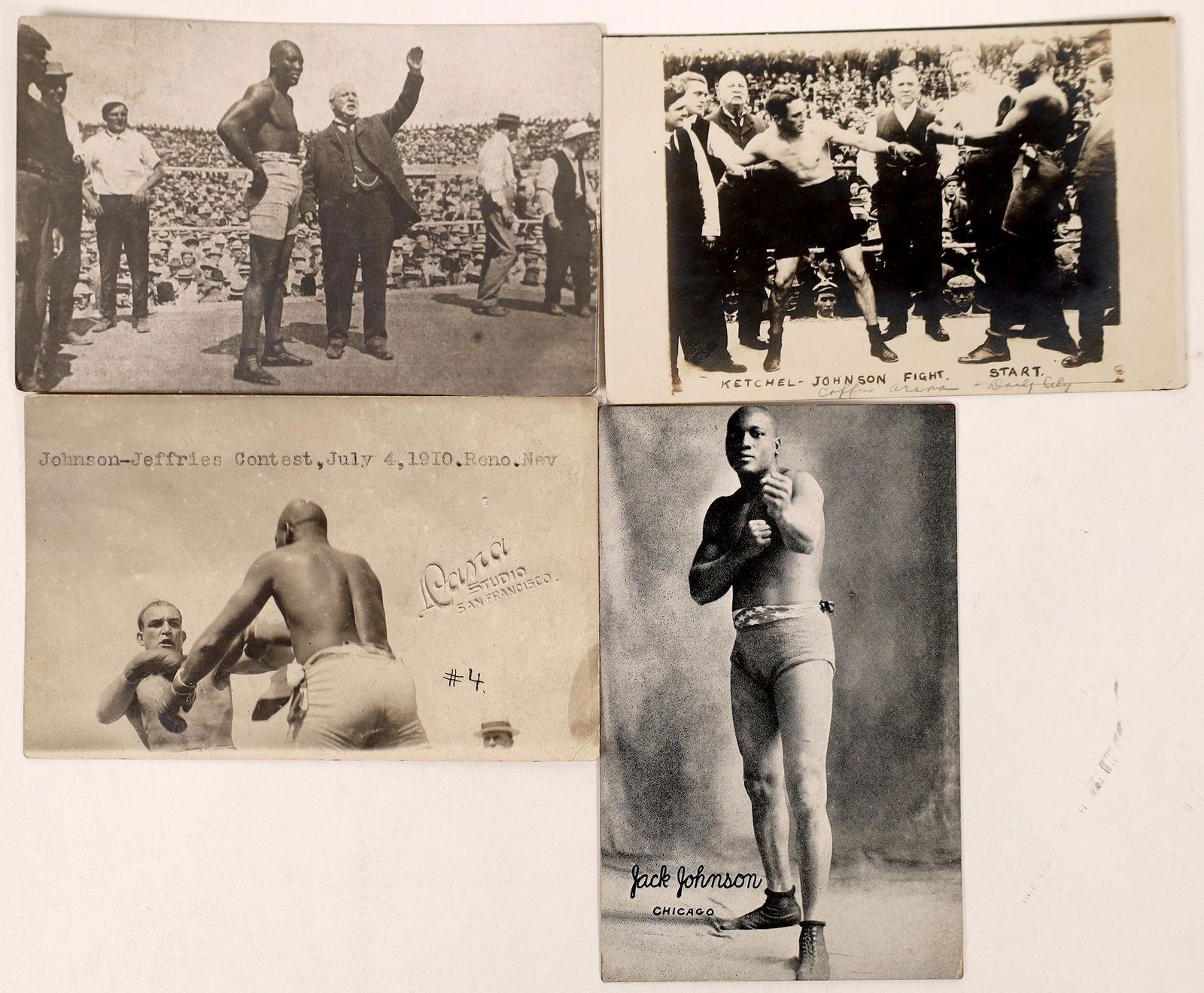 Jack Johnson Fight RPC's (125949): Four RPC's featuring Heavyweight Champion Jack Johnson. Cards show a static pose and three action photos of the Johnson, James Jeffries fight on July 4, 1910 in Reno, Nevada. His career record was 71