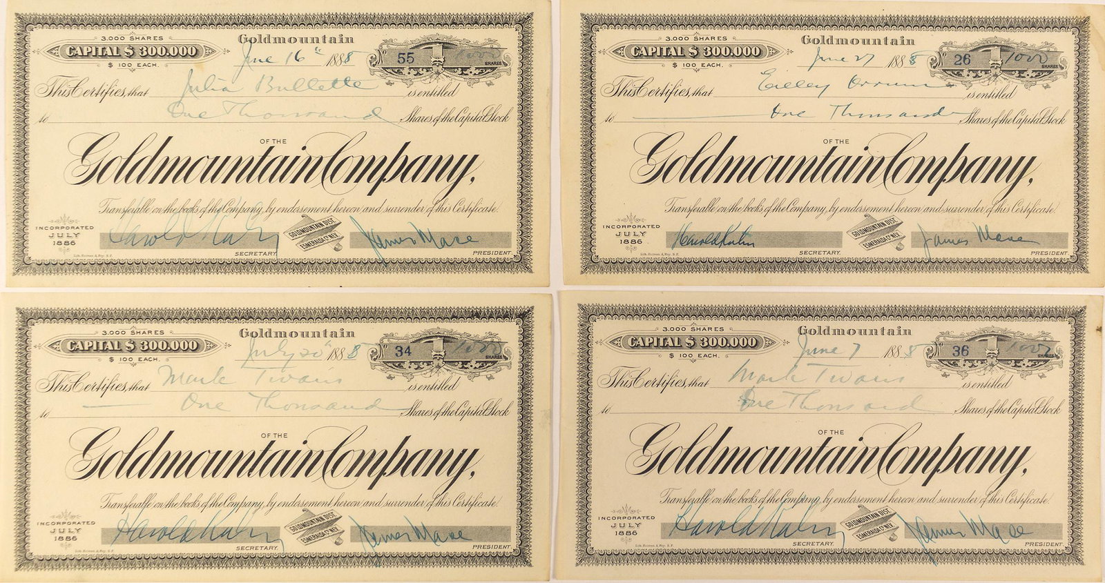Goldmountain Company Stock Certificates--Graham Hardy: A fabulous suite of four certificates sold by Graham Hardy in Virginia City in the early 1960s to stimulate the new collecting field of stock certificates. He "issued" them to Julia Bullete, Eilley Or