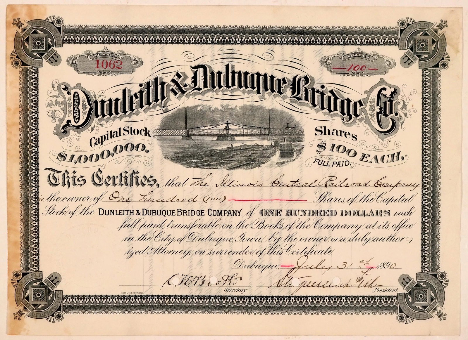 Dunleith & Dubuque Bridge Company Stock Certificate,: Beautiful certificate issued in 1890 for 100 shares to The Illinois Central Railroad Company. Nice vignette of a long bridge across the river with a lighthouse behind it. Signed by Stuyvesant Fish as