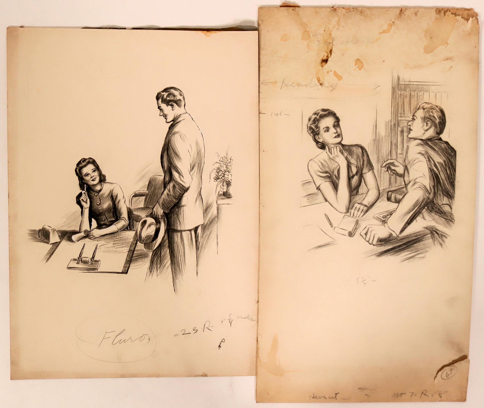 Women in Offices Pencil Drawings (2) (110440): 1) Woman secretary listening to man, pencil. 9.5" x 7.5". 2) Pencil drawing of man chatting up woman at desk, 10" x 10".Date: Country (if not USA): State: City: Provenance: ATTENTION CHRISTMAS SHOPPER