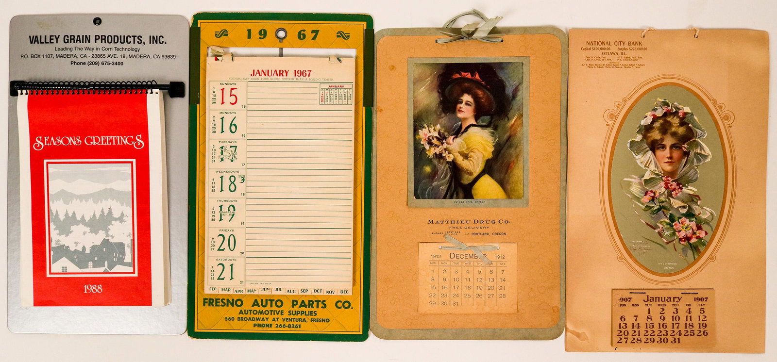 Vintage Calendars 1907-1967 (110518): This is a collection of calendars with a tear-away month. The earliest is 1907 with all months intact. The latest is 1988 with a flip date by page.Four pieces in all.Date: Country (if not USA): State: