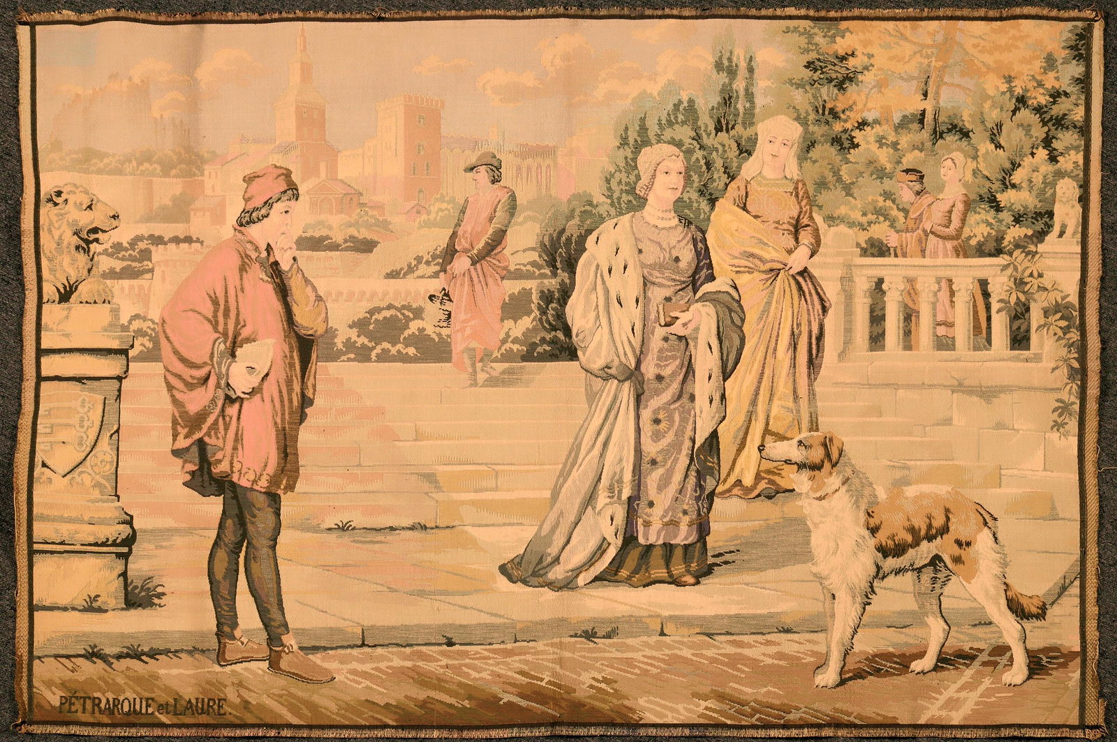French Tapestry, Petrarque Et Laure (121255): Tapestry depicts Petrarch, and his muse, Laura. She was a married woman from Avignon he loved or carried as some romantic ideal for years. 58" x 40. Good condition.Date: early 20th centuryCountry (if