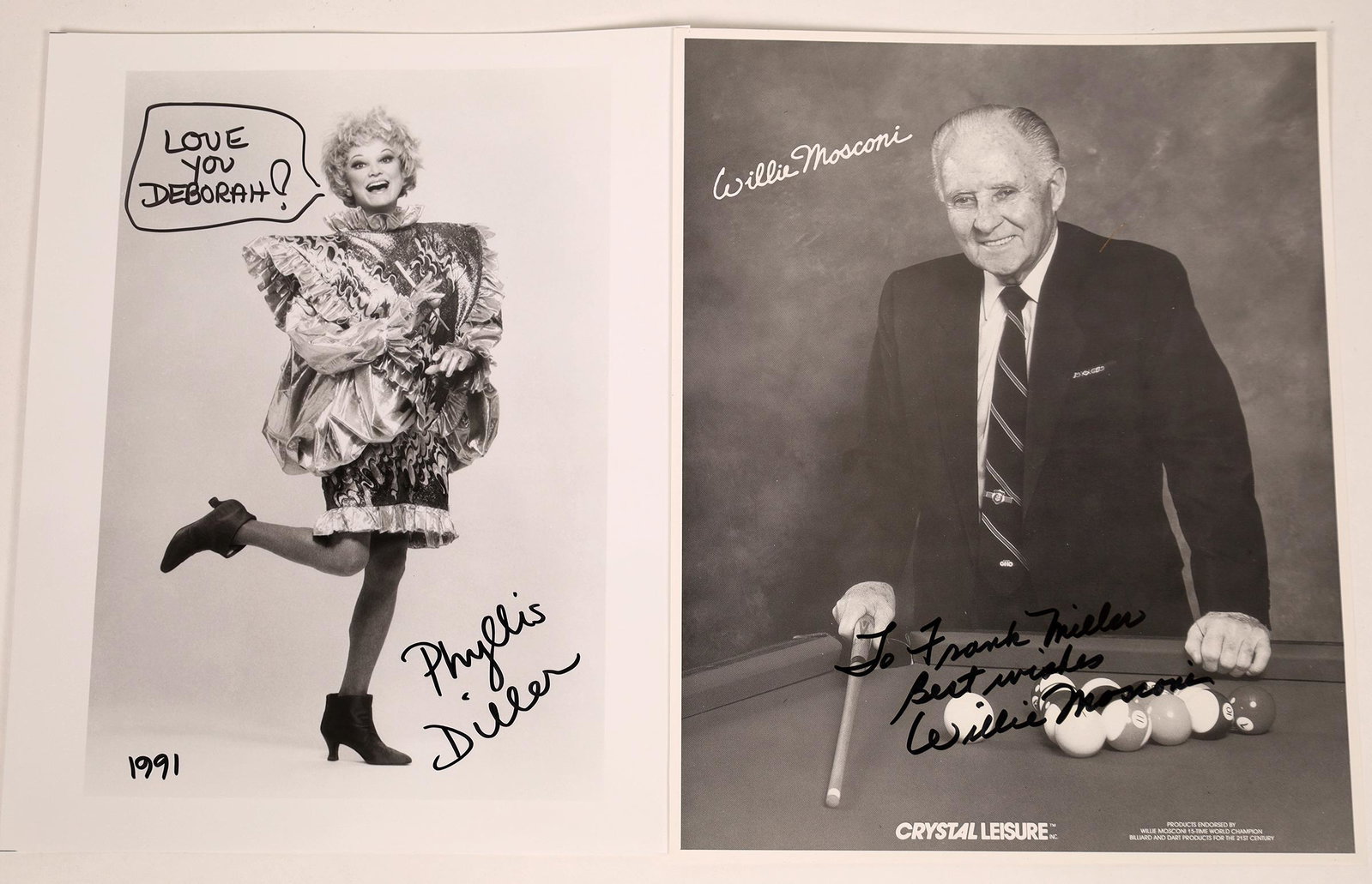 Phyllis Diller/Willie Mosconi Publicity Photos: Two celebrity publicity photos. Included is pool player extraordinaire, Willie Mosconi and comedian Phyllis Diller. Both are autographed but there is no certificate of authenticity, however, a close e