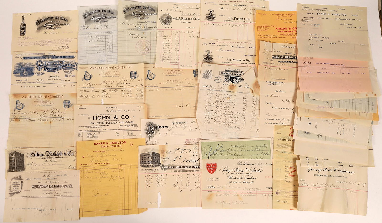 San Francisco Bay Area Receipts & Billheads [131398]: Includes Roth Co. Liquor Dealers, Fuller Co. Paints, Folger & Co. Coffee, Western Meat Company, Hoffman Rothchild Clothiers, Western Biscuit, Standard Oil, Stanislaus Milling Powder, Los Angeles Soap,