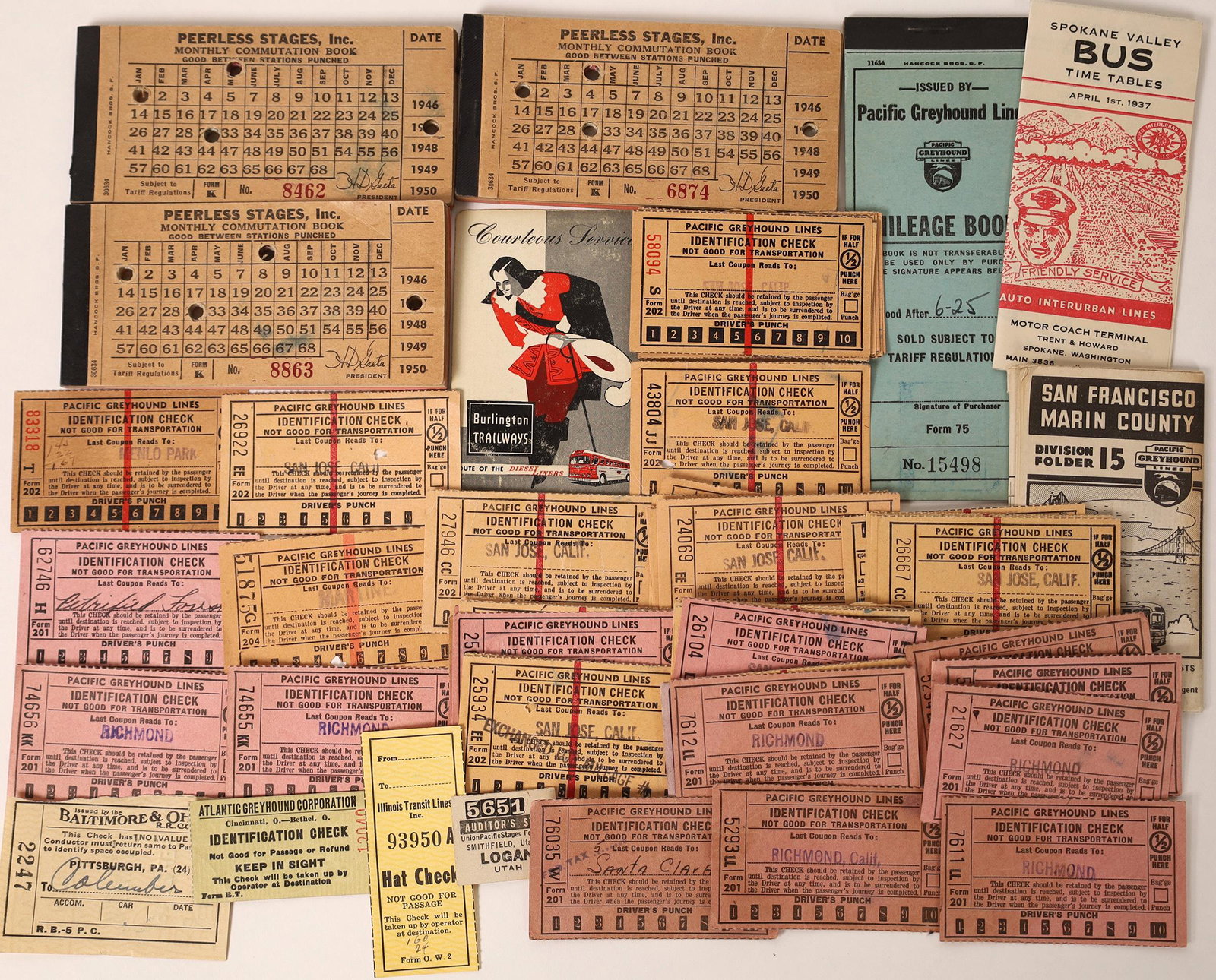 S.F. Bay Area Greyhound Bus Tickets, Booklets &: Large grouping of bus and travel tickets, stubs, time tables, punch books and mileage booklets. Includes Pacific Greyhound Lines, Spokane Valley Bus, Peerless Stages, and more. Three Peerless Stages m