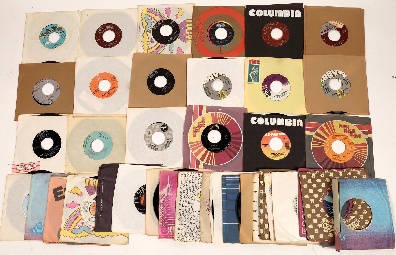 Eclectic 45 RPM Vinyl Record Collection (40) [129805]: A great collection of 45 RPM records from three decades of jukebox music, pop, country and bebop. Artists include, Freddie Hart (You Belong to Me), Donny Hathaway (Jealous Guy, Jimmy Heap and the Melo