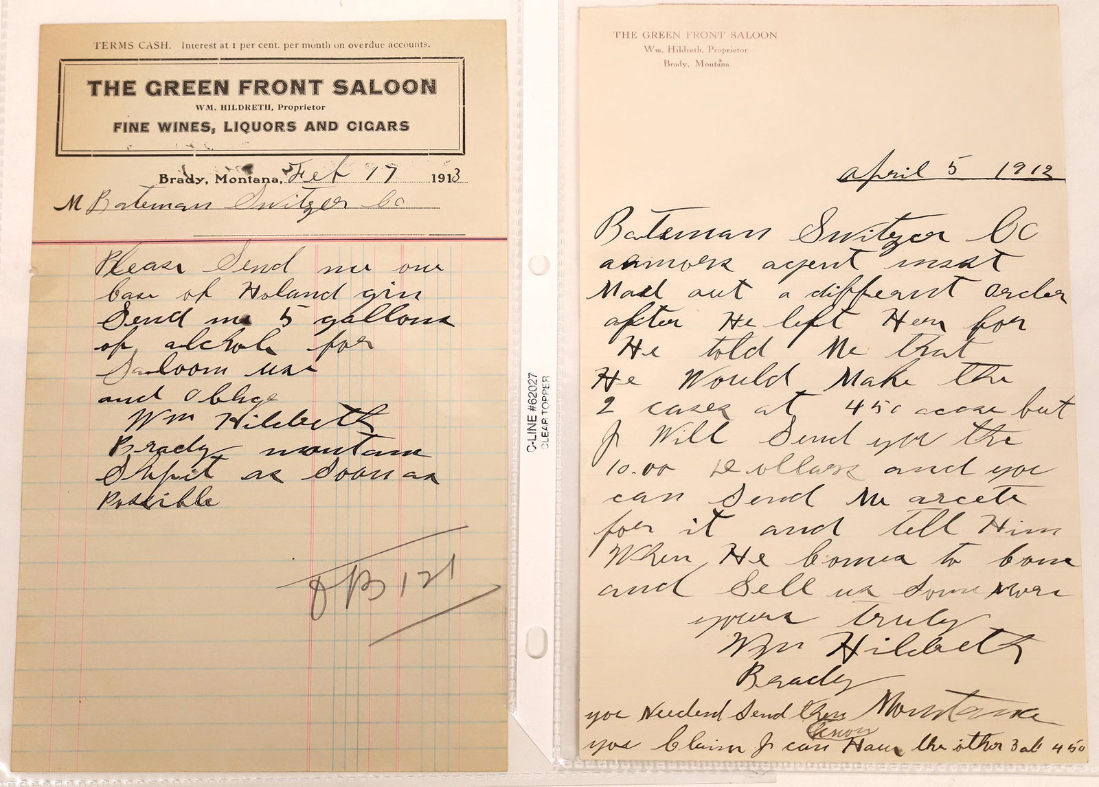 Brady, Montana Saloon Billhead Pair [123942]: 1) 1912. Green Front Saloon in red. Wm. Hildreth proprietor. 2) 1913. Different Green Front Saloon. Hildreth. Brady is in Pondera and in 2010 had a population of 100+ citizens. Brady is a grain market