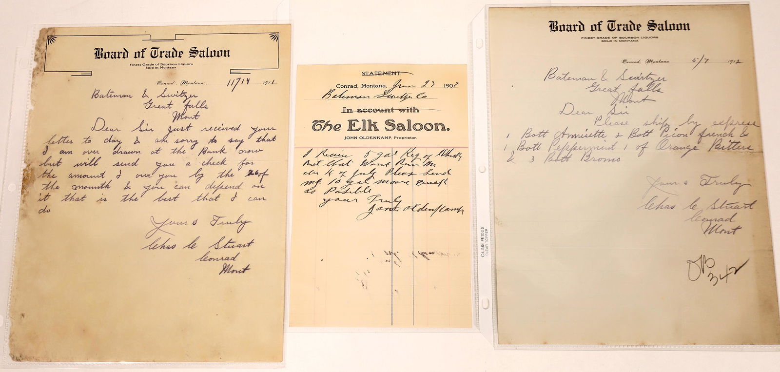 Conrad, Montana Saloon Billhead Group [123940]: 1) Elk Saloon. John Oldenkamp proprietor. 1907. 2) Board of Trade Saloon. 1911. "Finest Grade Bourbon Liquors Sold in Montana." Signed by Charles Stuart. 3) Board of Trade Saloon. 1912. Signed by Stua
