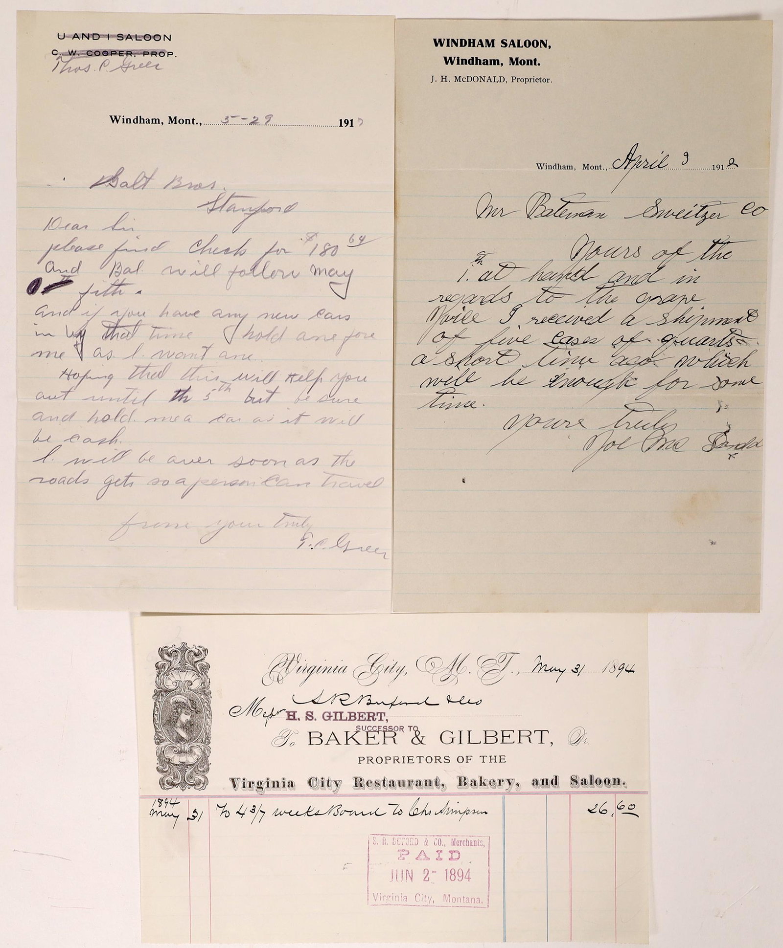 Three Montana Saloon Billheads: Windham and Virginia: 1) HS Gilbert, succor to Baker & Gilbert. Virginia City Restaurant, Bakery and Saloon. 1894. 2) Windham Saloon. J. H. McDonald proprietor. 1912. Union Saloon, C. W. Cooper prop. Crossed out and handwr