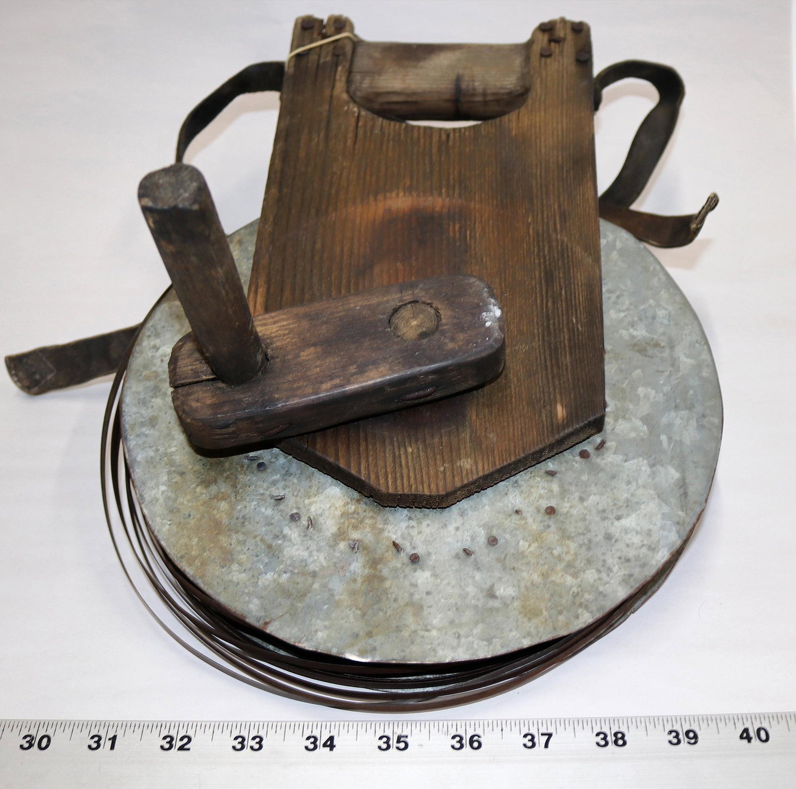 Antique Measuring Tape c1900 [131490]: Original and very old probably 200 or 300' (chain) or commonly known today as a metal measuring tape. Hand constructed wood handle with leather strap. Clearly c 1900-1910 probably used at western mine