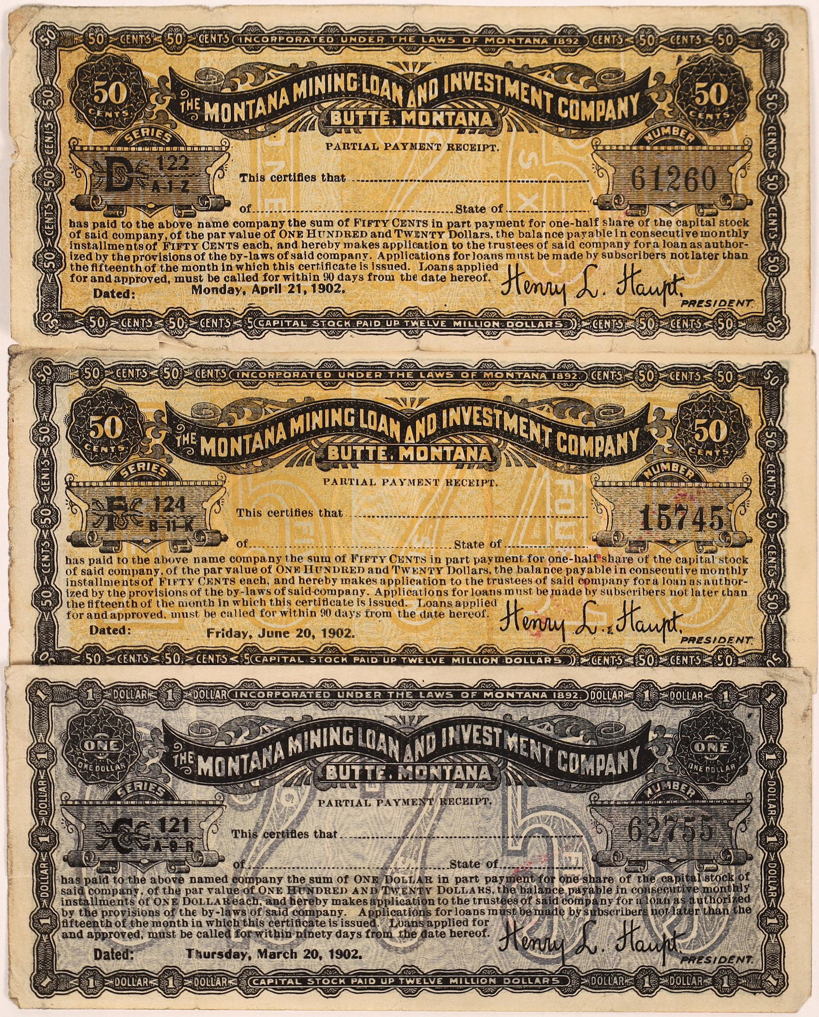 Montana Mining Loan and Investment Company $1.00 and: The Butte Land and Investment Company was a real estate, insurance and investment brokerage in Butte, Montana. Affiliated companies including the Brooklyn Mining Company; Daly Addition Company; Gibson