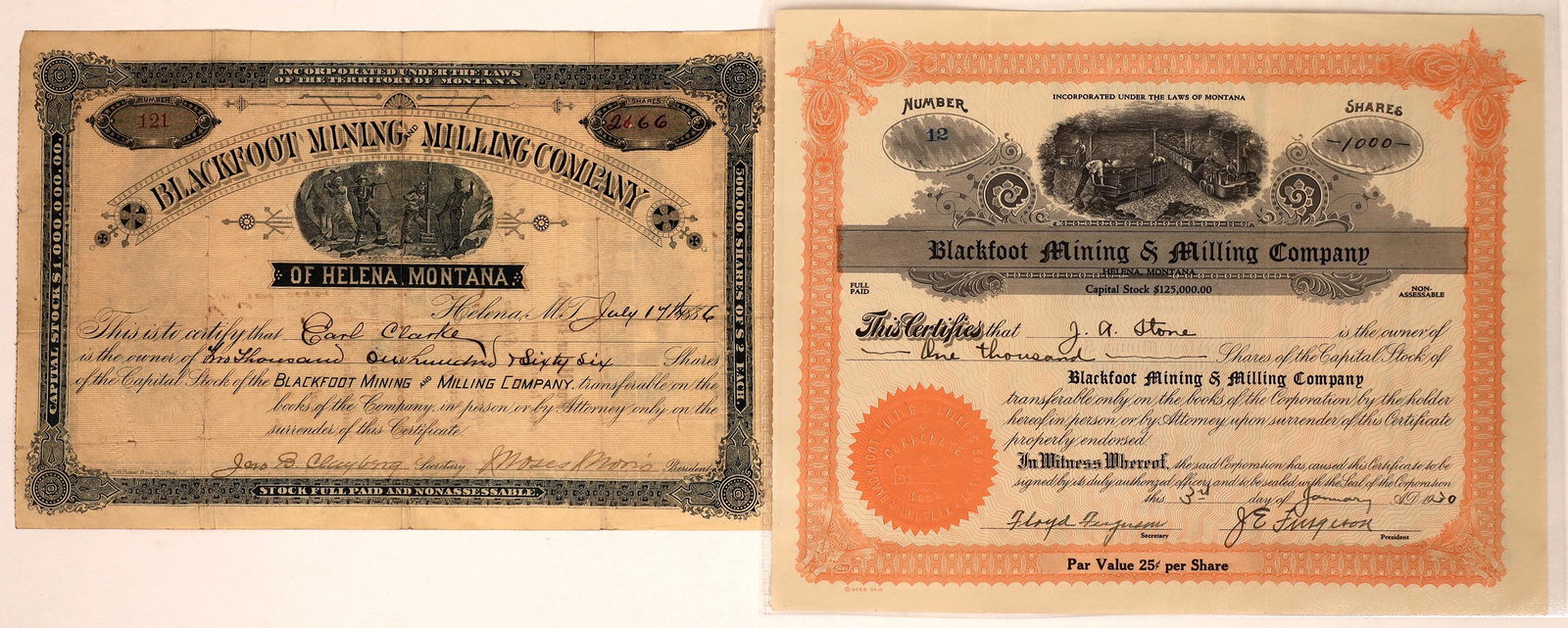 Blackfoot Mining & Milling Company Stock Pair [127159]: Lot of 2 different. This company was headquartered in Helena with mining operations in Deer Lodge County. 1) No. 121, issued for 2,166 shares to Earl Clarke in Helena, M.T., July 17th, 1886. Signed by