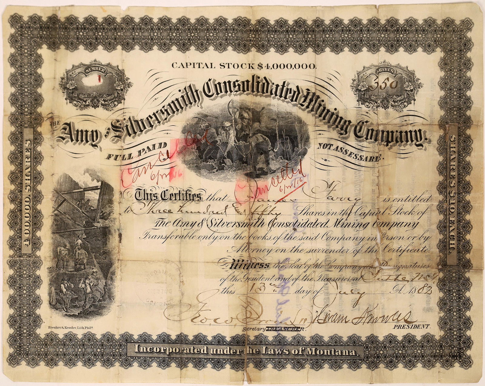 Amy & Silversmith Consolidated Mining Company Stock -: Number 1 for 350 shares to James Farry. Signed by president Hiram Knowles and secretary George (?). Certificate is in poos condition, but it is NUMBER 1 and early 1882! Incorporated March 15, 1881. Th