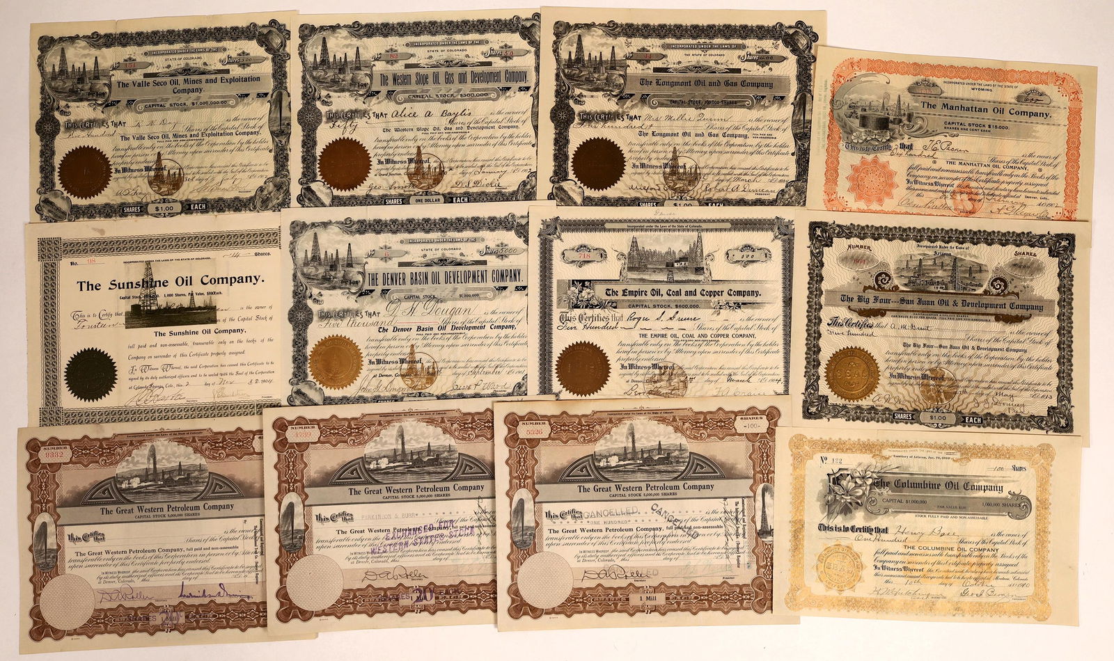 Colorado Oil Stocks, Early 1900's, We Haven't Seen: Nice group of early Colorado oils from the early 1900's. Includes a nice one from Columbine Oil Company, issued at Montrose in 1910. Others include Sunshine Oil, 1904, Denver Basin Oil Development Com
