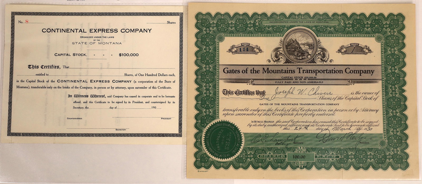 Montana Express & Transportation Stock Pair [127585]: Lot of 2 different. 1) Gates of the Mountains Transportation Company. Issued in 1930 for 1 share. Not cancelled. This was a boating company offering motor boat tours leaving Hilger and going through t