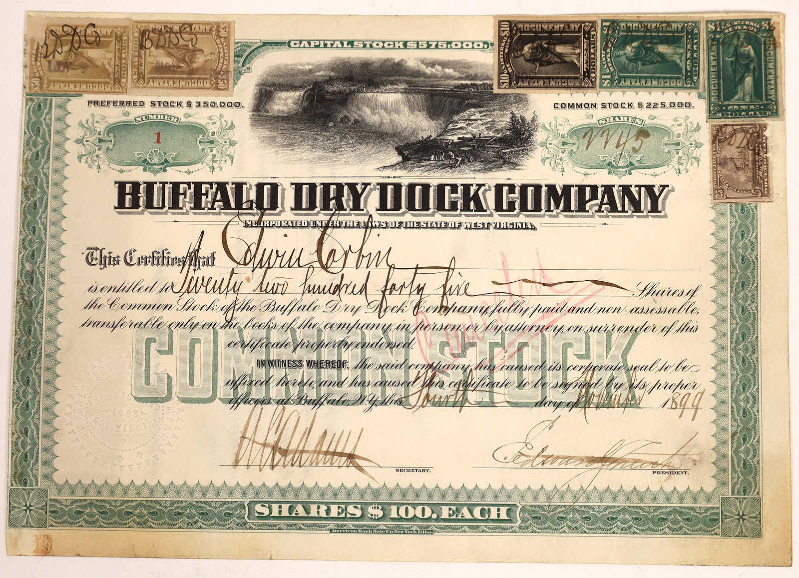 Buffalo Dry Dock Stock Certificate #1, New York, 1899: Nice #1 stock certificate issued in 1899 to Edwin Corbin for 2,245 shares. Signed by French as president and Adams as secretary. Shares were $100 Each, so this came to $224,500. This left only five co