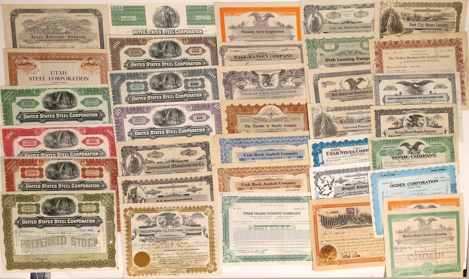 Various Utah Stock Certificates [127361]: 35 various and sundry stock certificates from a variety of companies and businesses with one thing in common, they are all located in the state of Utah. There are well known companies like United Stee