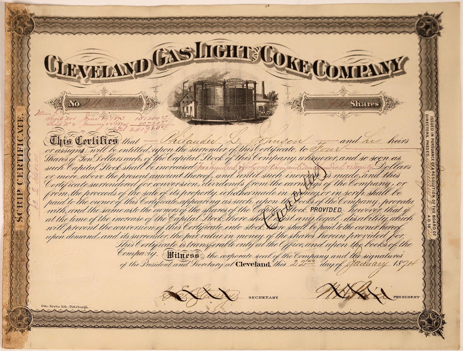 Ohio Gas, Light & Coke Co. Stock Certificate [127835]: Stock certificate issued by Cleveland Gas, Light & Coke Company to Philauder Johnson fir four shares at $10 per share. It is hand cancelled. It is signed by two illegible and crossed out signatures Th