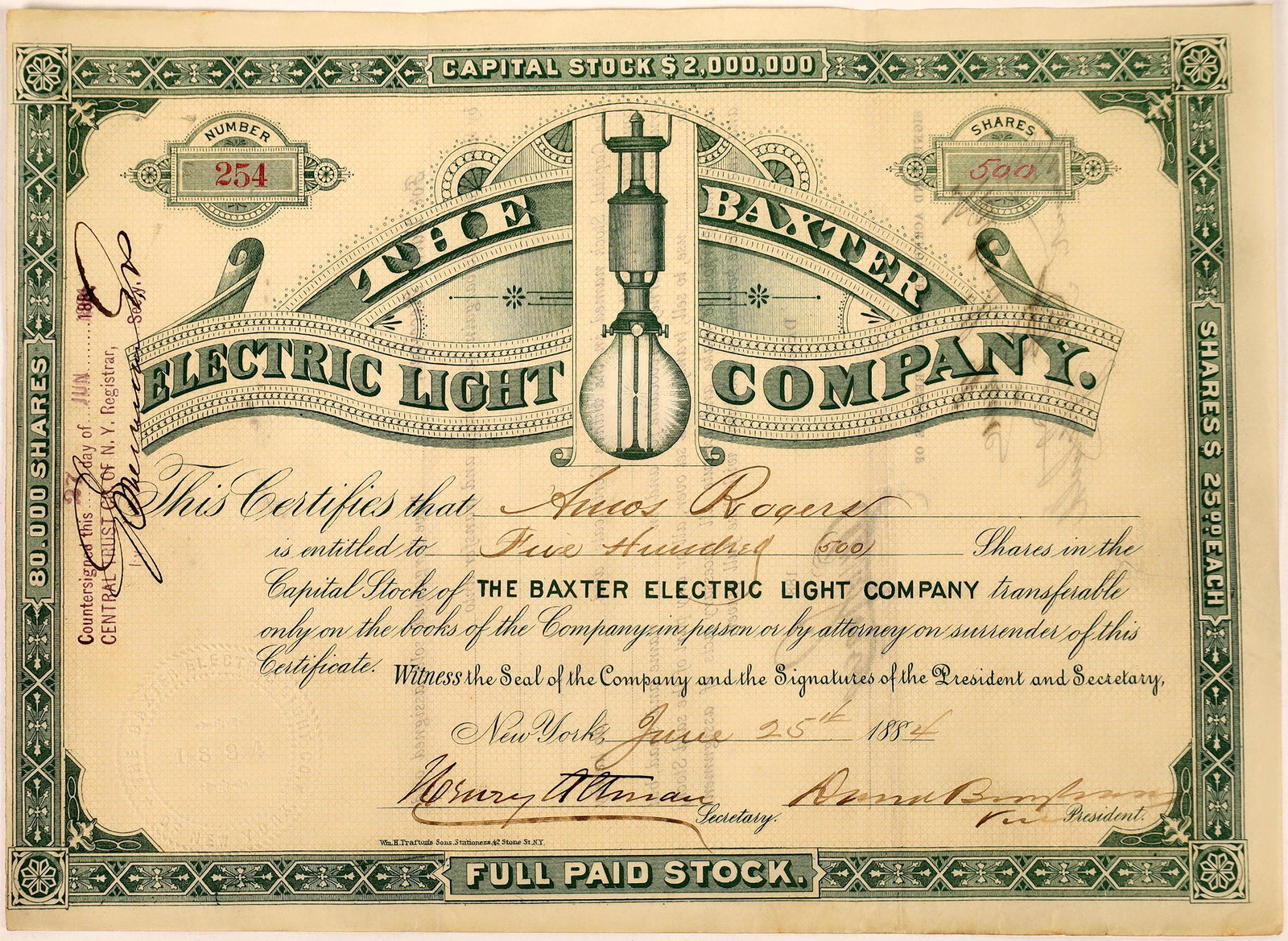 Baxter Electric Light Company Stock Certificate: A stock certificate issued by The Baxter Electric Light Company issued on June 25, 1884 to Aeros Rogers for 400 shares at $25 per share. Both bottom signatures are too fancy for me to make out. There 