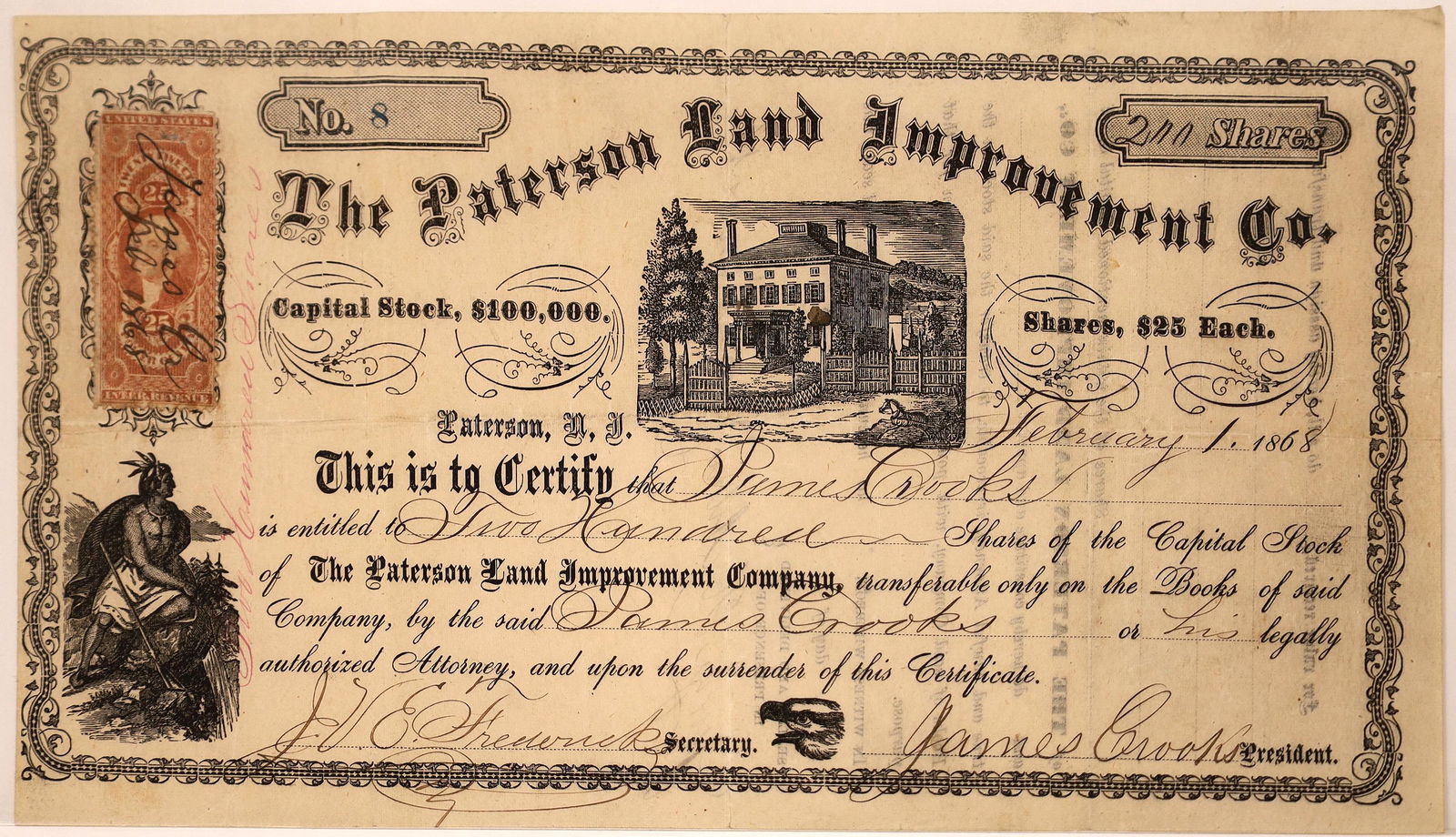 Paterson Land Improvement Company Stock Certificate: Low cert. number 8, issued to company president James Brooks for 200 shares in 1868. Signed by Brooks and the secretary. Not cancelled. Black border and print, three vignettes: houses (center), Native