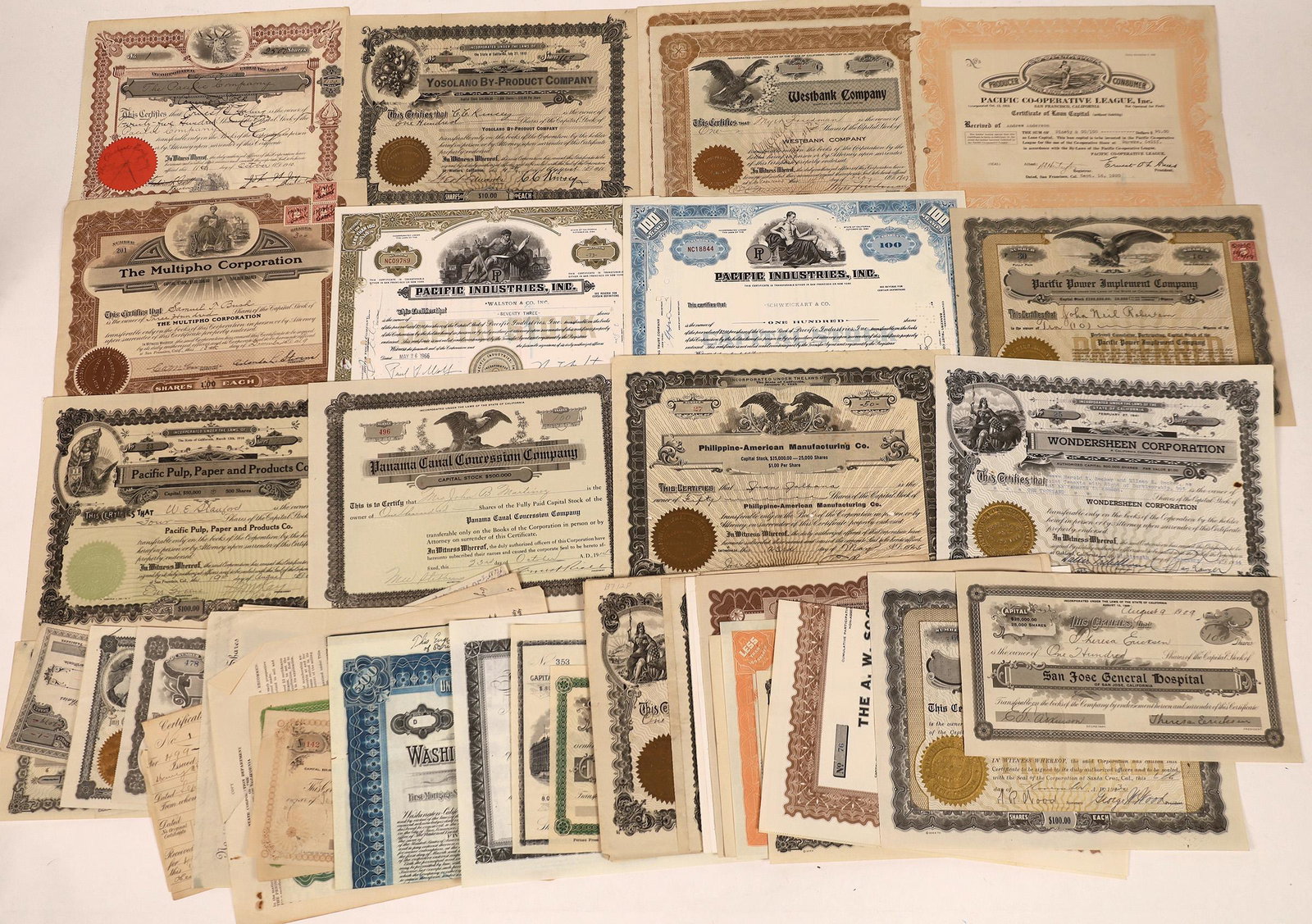 Northern California Company stocks/bonds [122452]: Lot of 62. Packing houses, water works, bottle co. , chamber of commerce, express companies and more. In the batch are five #1 cents, two #2 and two #3. Also of note in this group: El Verano Improveme