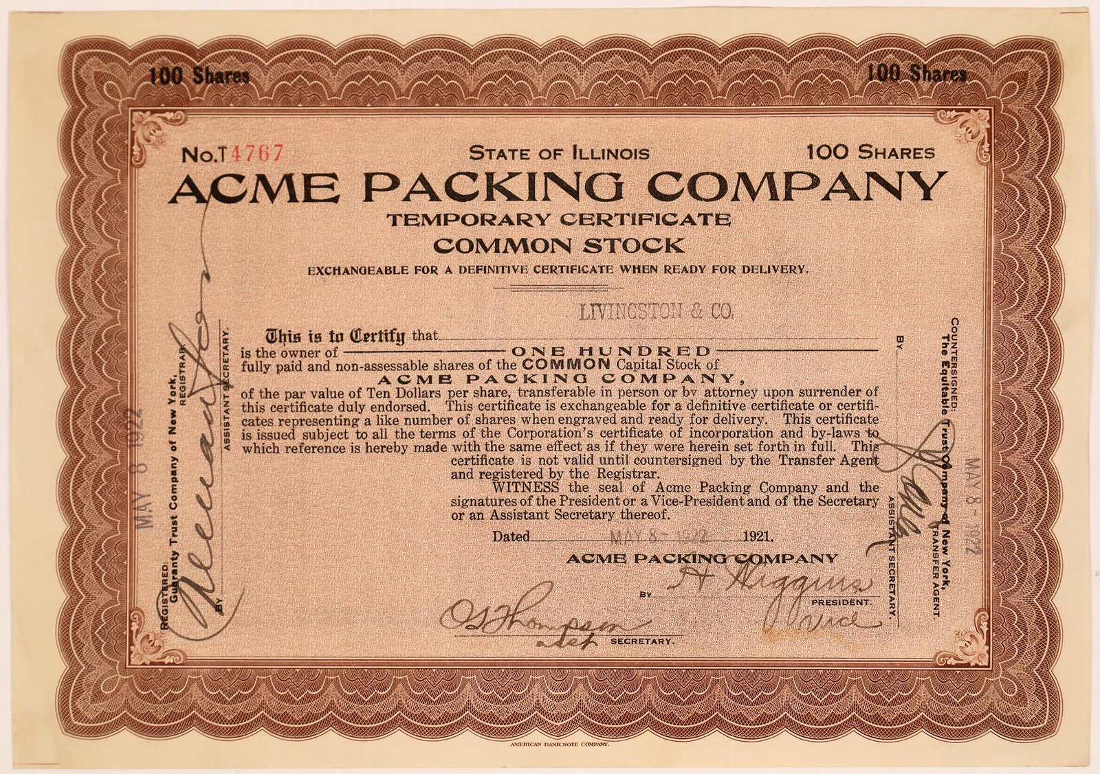 Acme Packing Stock- Original NFL Sponsor of Green Bay: Acme Packing Company stock certificate issued in Illinois in 1922. Curly Lambeau's Packers were first backed by the Indian Packing Company where he was the meatpacking foreman. The company was acquire