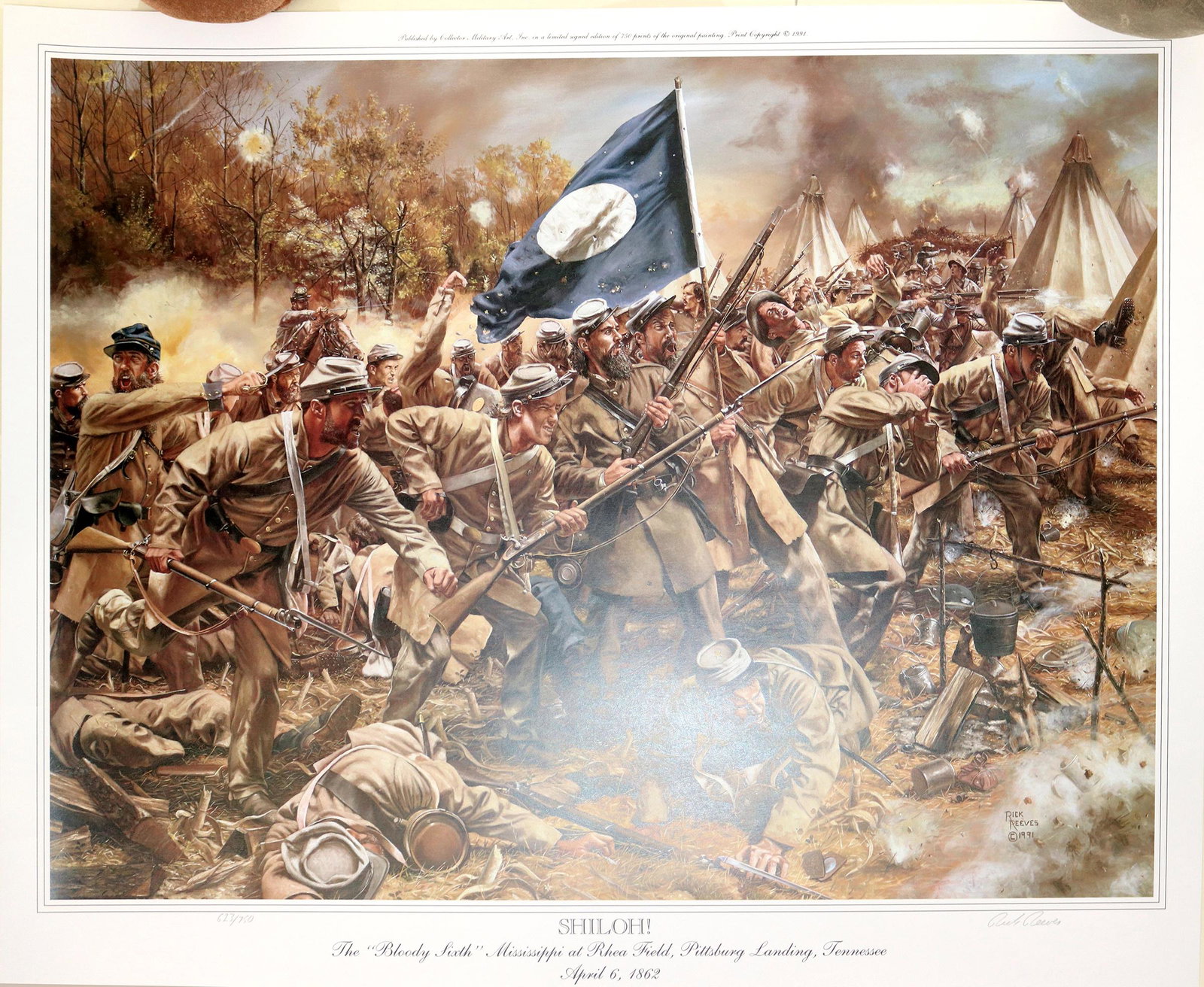 Shiloh! The Bloody Sixth Signed, Numbered Print by Rick: 21 x 25" signed and numbered print by Rick Reeves, 1991. Mint Condition. 623/750. Comes with Certificate of Authenticity. Date: Country (if not USA): State: City: Provenance: