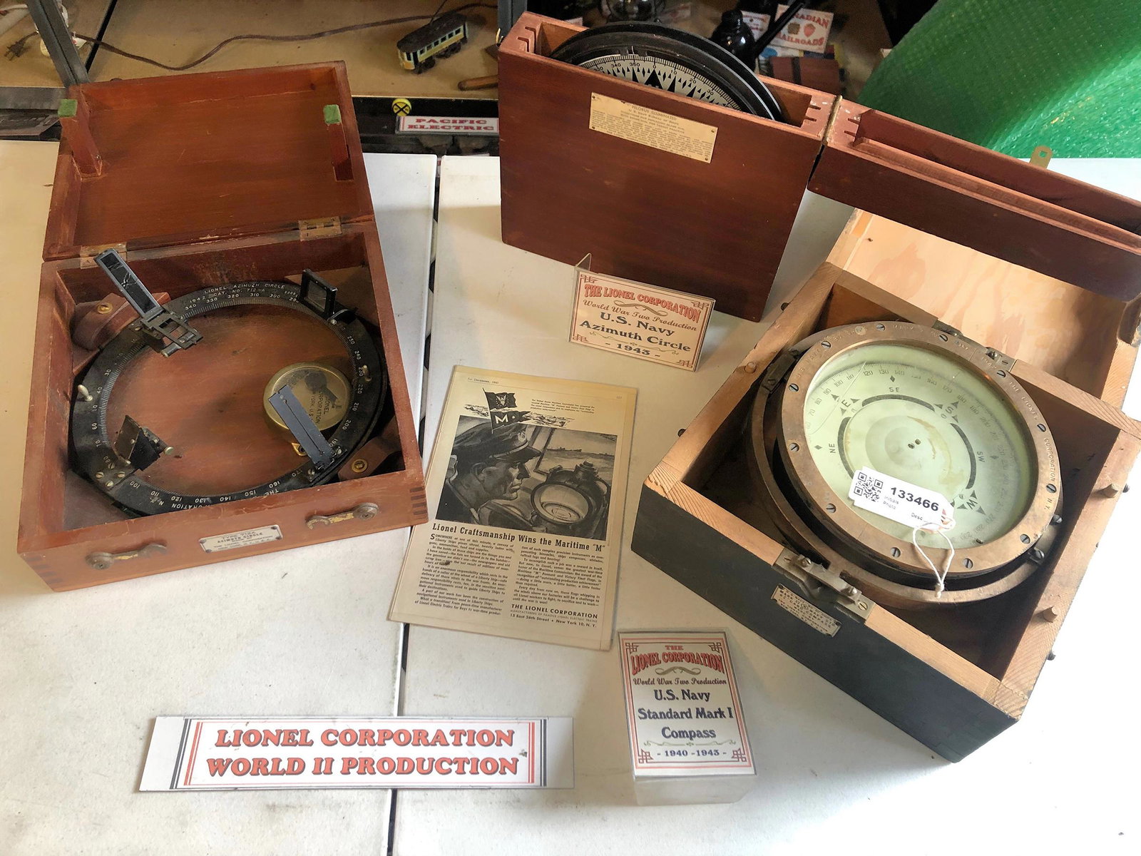 Lionel US Navy Standard Mark I Compass and Accessories: Standard brass compass, 10 inch diameter in a gimbled mount in a wood box, made by Lionel, includes the azimuth circle in a separate wood box, that appears to fit tightly atop the compass. Also includ