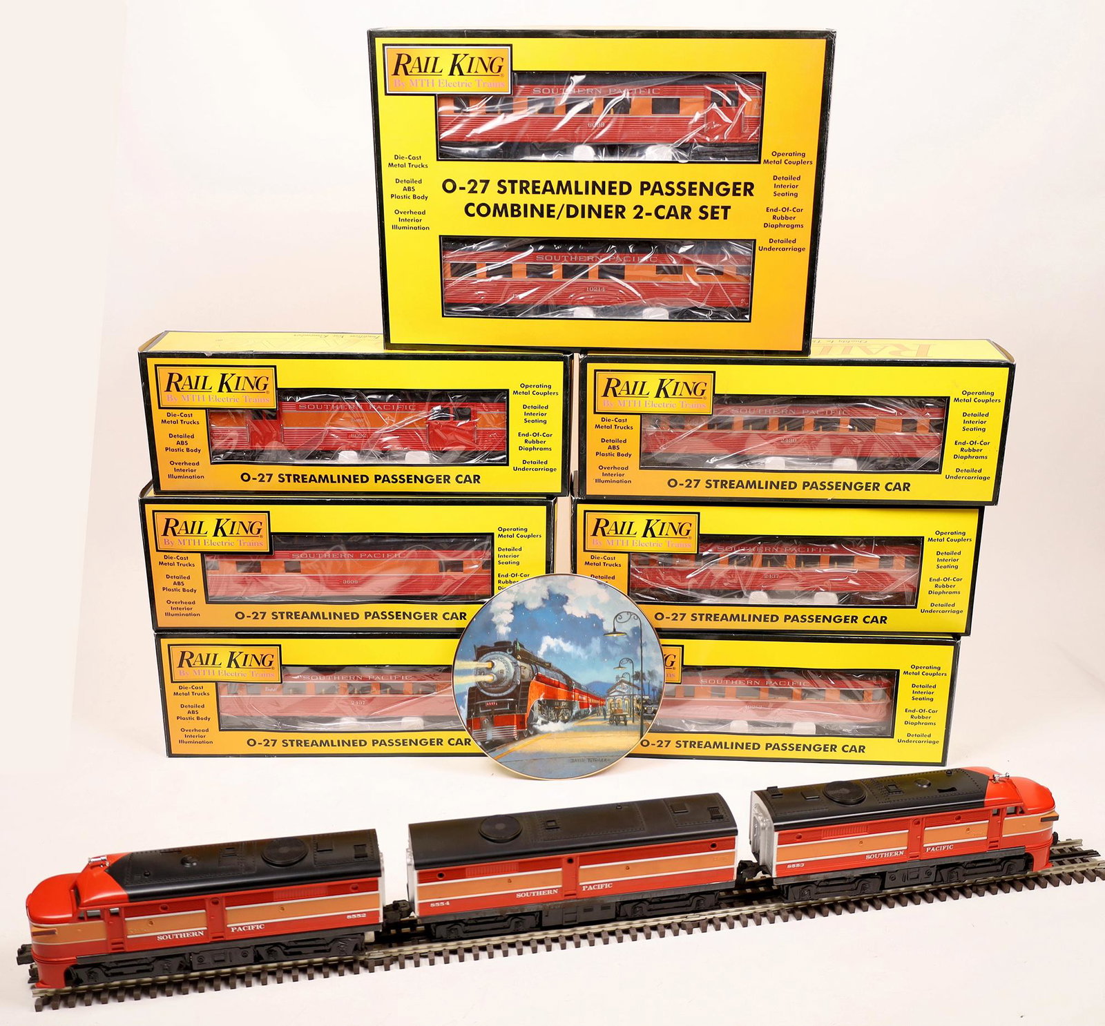 Lionel ALCO Diesel AA & B Unit and Rolling Stock 8: #8553, #8552 and #8554 Diesel Southern Pacific, orange and black with orange stripe, company logo on the nose. Cars are Rail King or MTH all in "Daylight Special" include: Baggage Cars, Passenger Cars