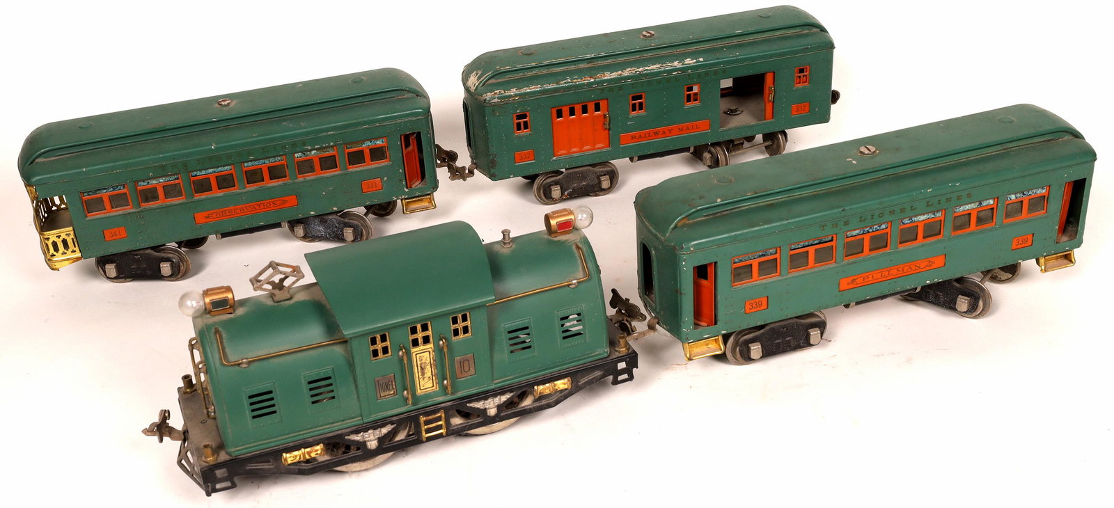 Lionel Bi-Bipolar Electric Engine and 3 Cars [133078]: Engine #10, Peacock color with brass inserts. Car 1) Baggage Car #332 marked "Railway Mail" orange doors 2) Pullman Passenger #339, peacock and orange 3) Pullman Passenger #341, peacock and orange. C7