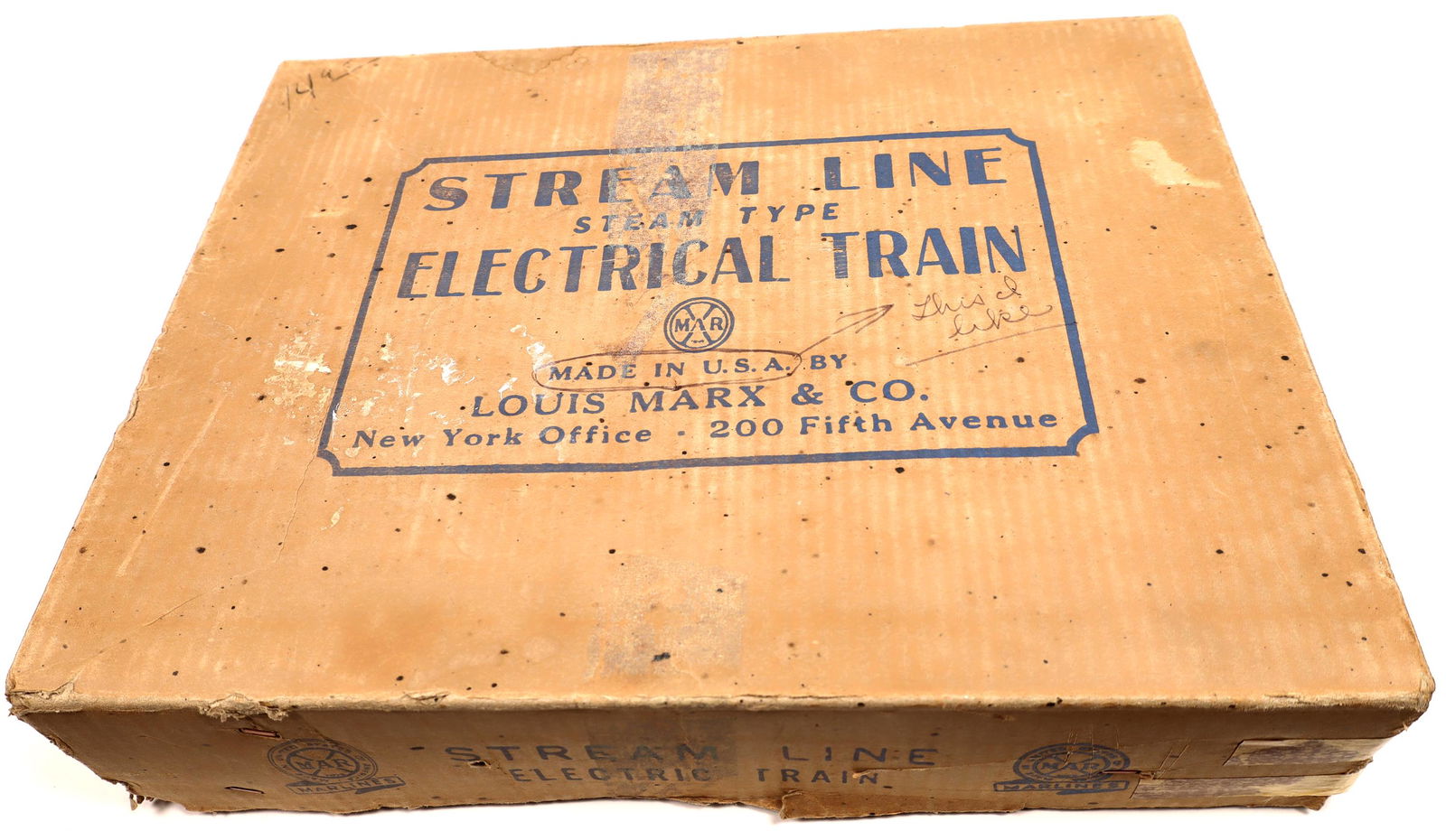Original Boxed Marx Electric Train Set [131510]: An incredible Louis Marx 1940 era electric train set in its original box. Set includes engine, tender, tank car, hopper, cattle car and caboose. There are two straight and eight curve tracks (7.5' in