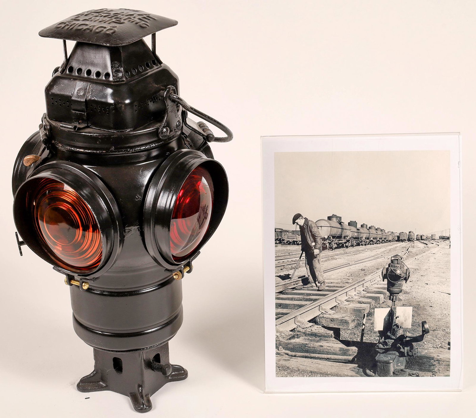 Adlake Switch Lamp [133358]: Adlake Switch Stand Marker Lamp with four lenses: two amber, two red. Restored.Date: Country (if not USA): State: City: Provenance: Gary Nelson Railroad Collection