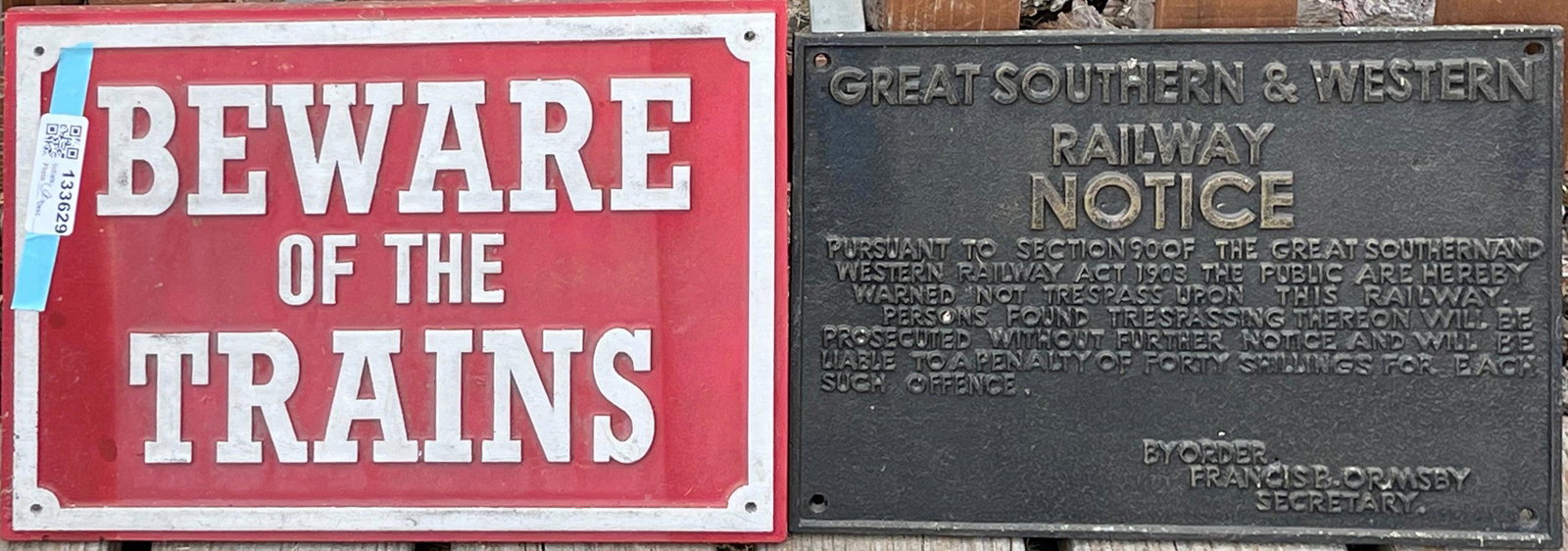 British Cast Iron Railroad Signs [133629]: Great Southern and Western Railway Notice to stay off track, c1903., about 10 x 12"; Beware of trains (white metal), c 1950Date: Country (if not USA): State: City: Provenance: Gary Nelson Railroad Col