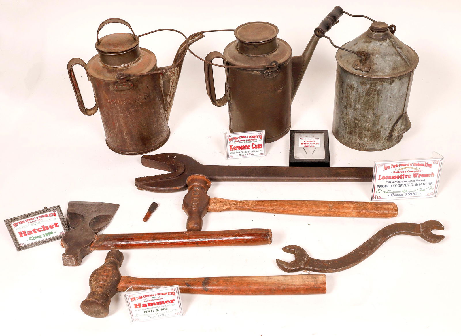 New York Central Hudson and River RR Tools and: Lot of 9 tools all embossed or punched with the rr markings. Includes 2 wrenches, 2 different hammers, oil can, 2 different kerosine cans and a box car seal. The oil and kerosine cans are about 8" tal