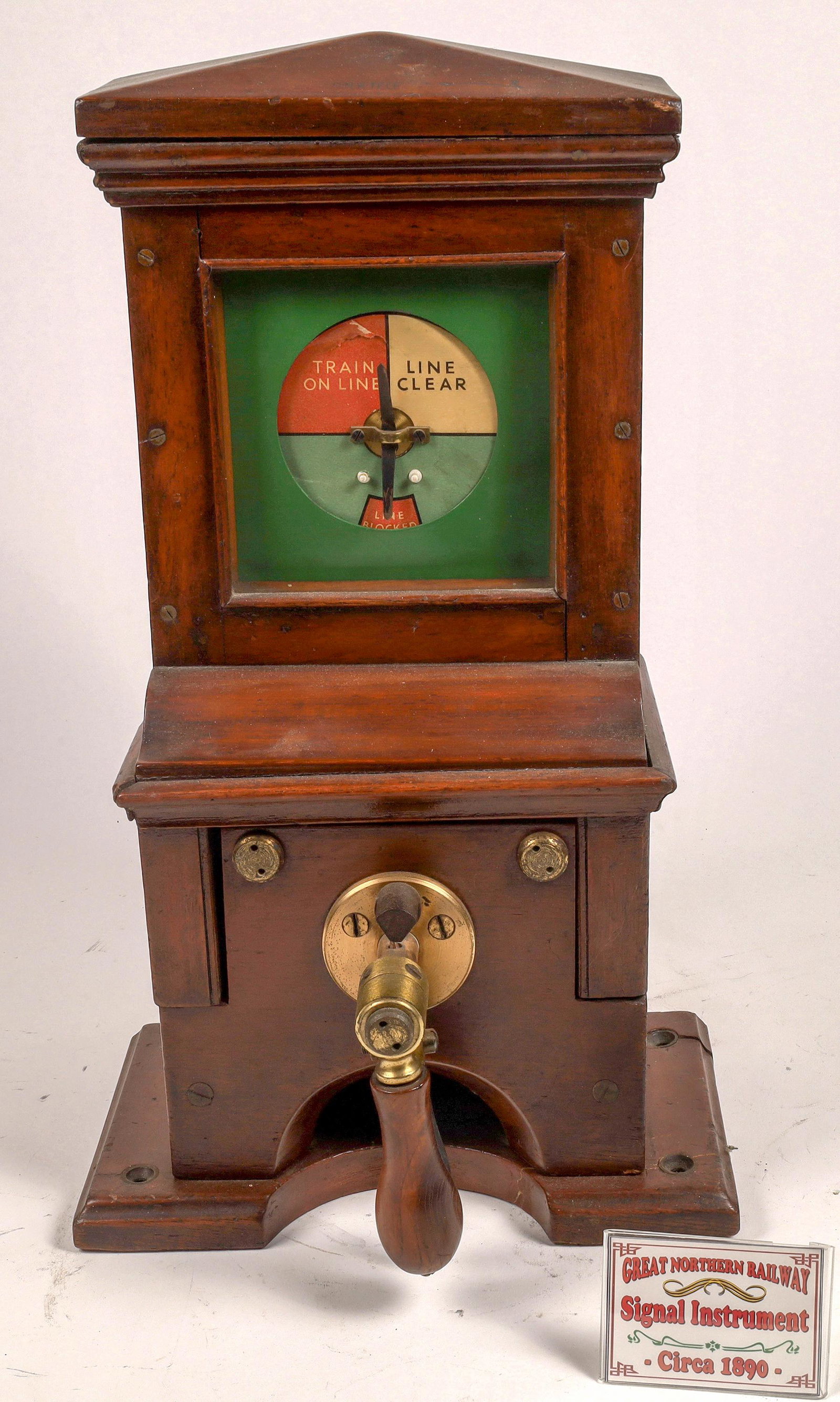 Great Northern RW Signal Instrument [133383]: Wood and brass signal indicator that shows whether a line is clear or there is a train on the line. 10x12x19.Date: c1890Country (if not USA): State: City: Provenance: Gary Nelson Railroad Collection