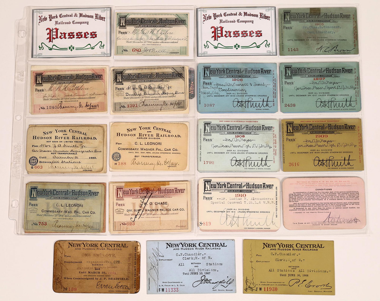 New York Central and Hudson River Pass Collection: Includes, 1885, 86, 88, 89, 95, 97, 98, 99, 1900(3), 01, 04(2), 05-10, 11(3), 13(2), 14(2); Employee passes from 1901, 07, 08.Date: Country (if not USA): State: New YorkCity: Provenance: Gary Nelson R