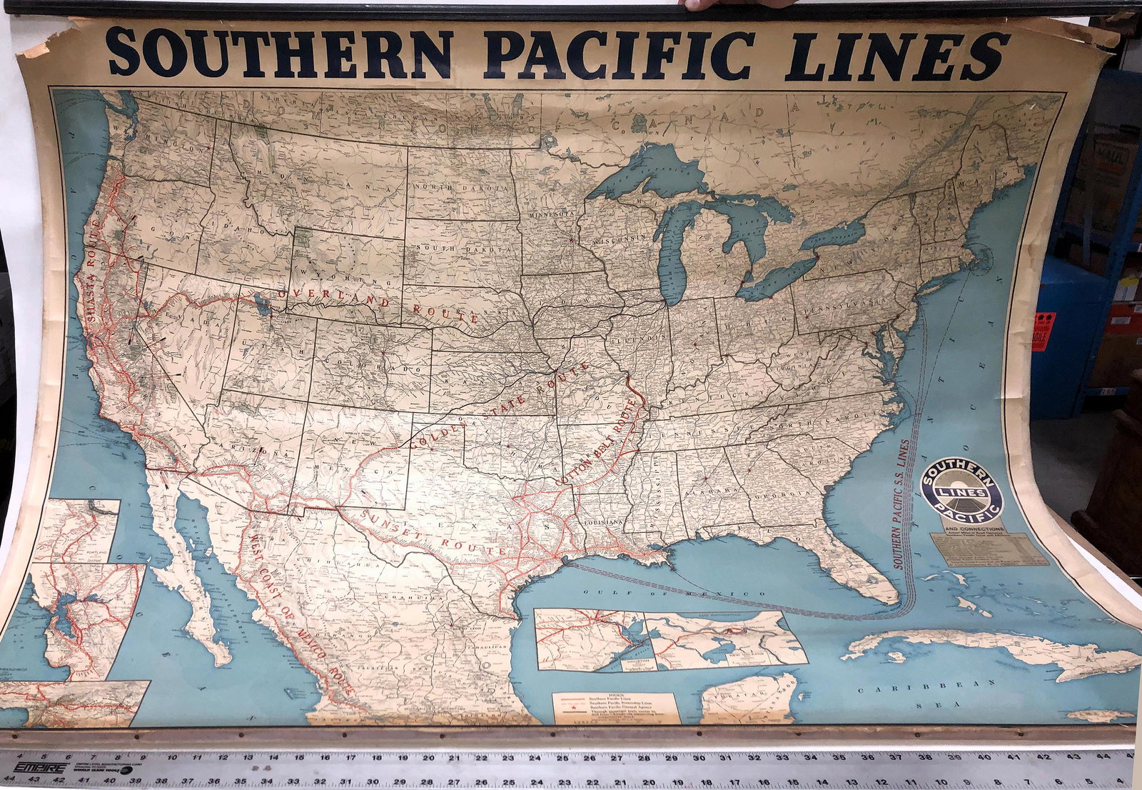 Southern Pacific Railroad Wall Map, circa 1936: Large Southern Pacific lines map, 1936, Southern Pacific Company copyright, by Rand-McNally. Map covers the entire United States and parts of Mexico, with insets for Los Angeles, San Francisco, Portla