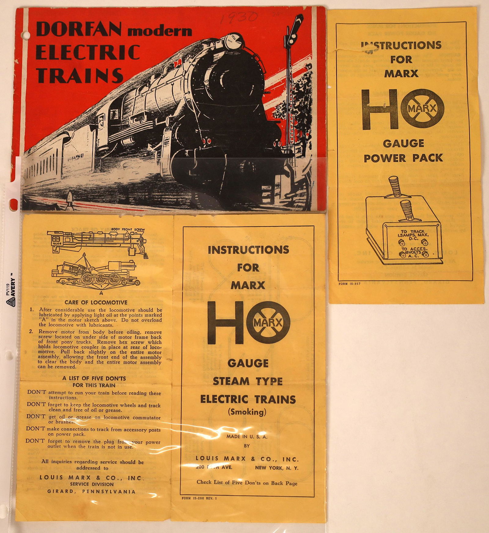 Toy Train Catalogs [131546]: Three toy train catalogs: Dorfan Modern Electric Trains (1930); Instructions for Marx HO Steam Guage Steam Type Electric Trains; another Marx for the power pack. The last 2 undated.Date: Country (if n
