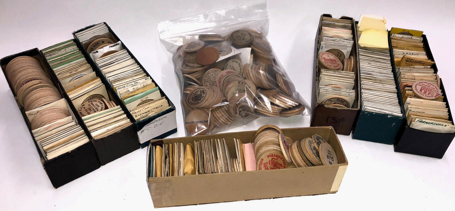 California Wood Nickel Collection, Generally unsorted: About 600 wood Nickels ranging from 1.5" to 2" in diameter. (3 sizes) from all over California from the Benjamin Fauver Collection. This is a fantastic grouping, worthy of any major collection.Date: C